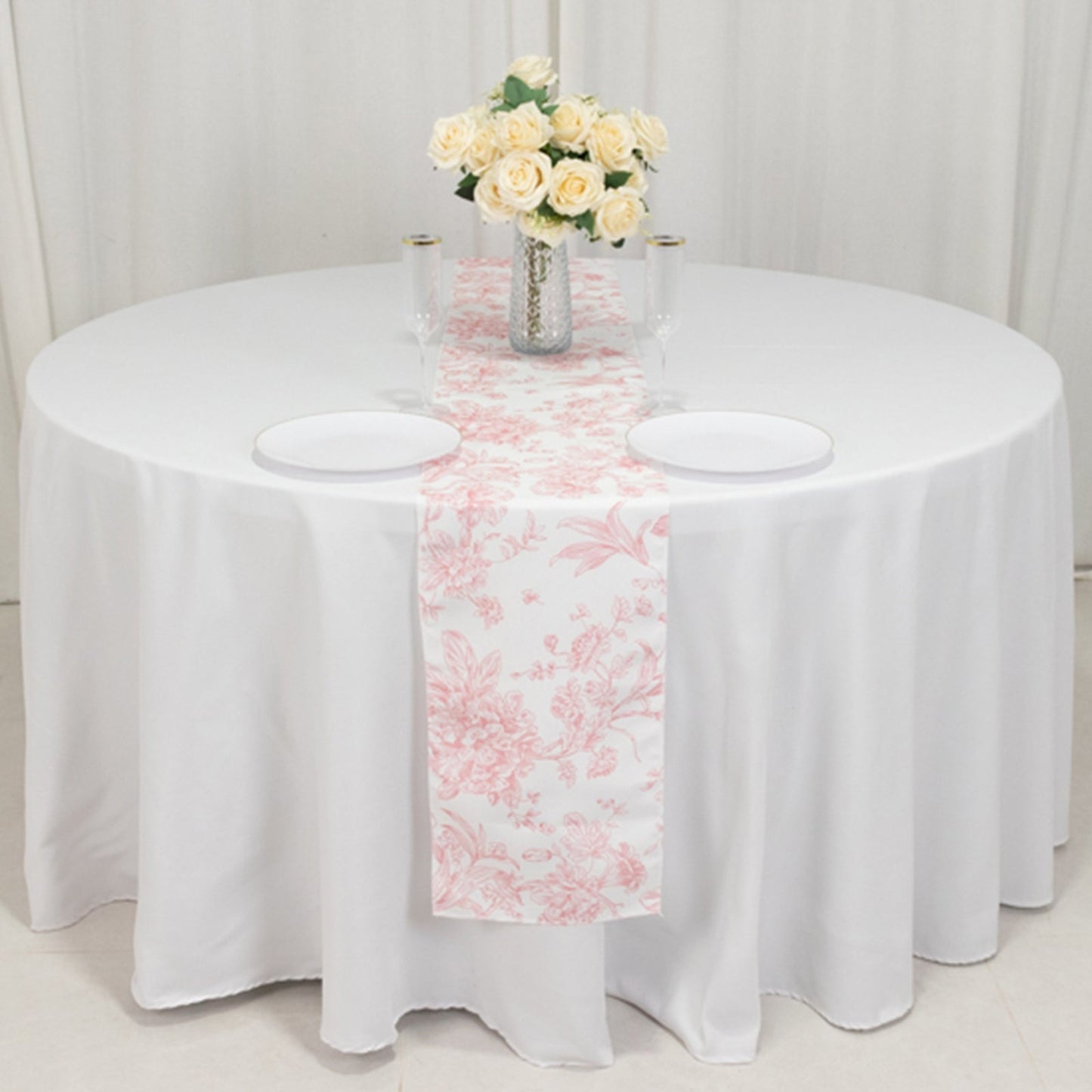 Polyester Table Runner 12"x108" White with Pink French Toile Floral Print Reusable Table DÃ©cor