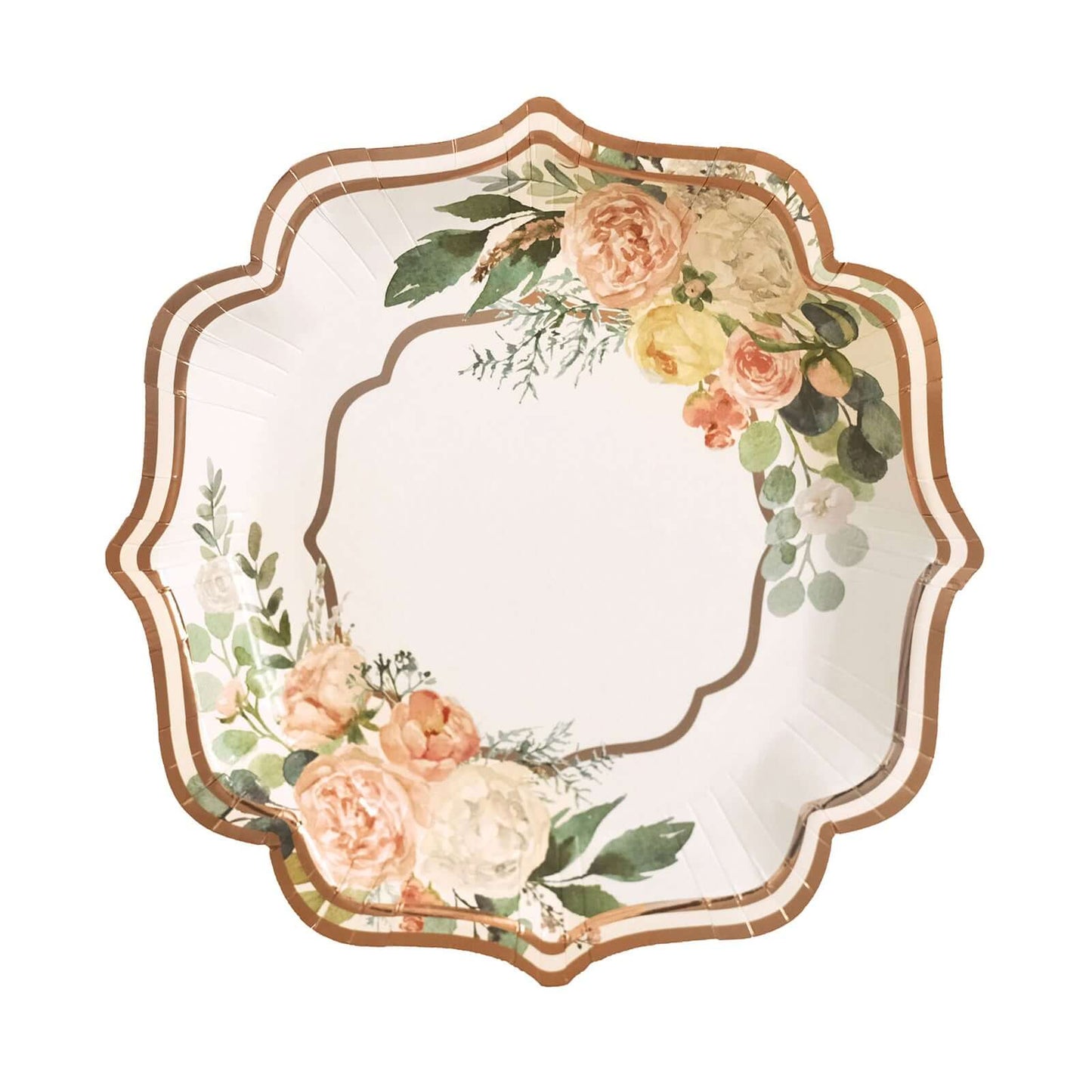 25-Pack Paper 8" Dessert Plates in White with Floral Print & Rose Gold Scallop Rim - Disposable 300GSM Appetizer Salad Plates