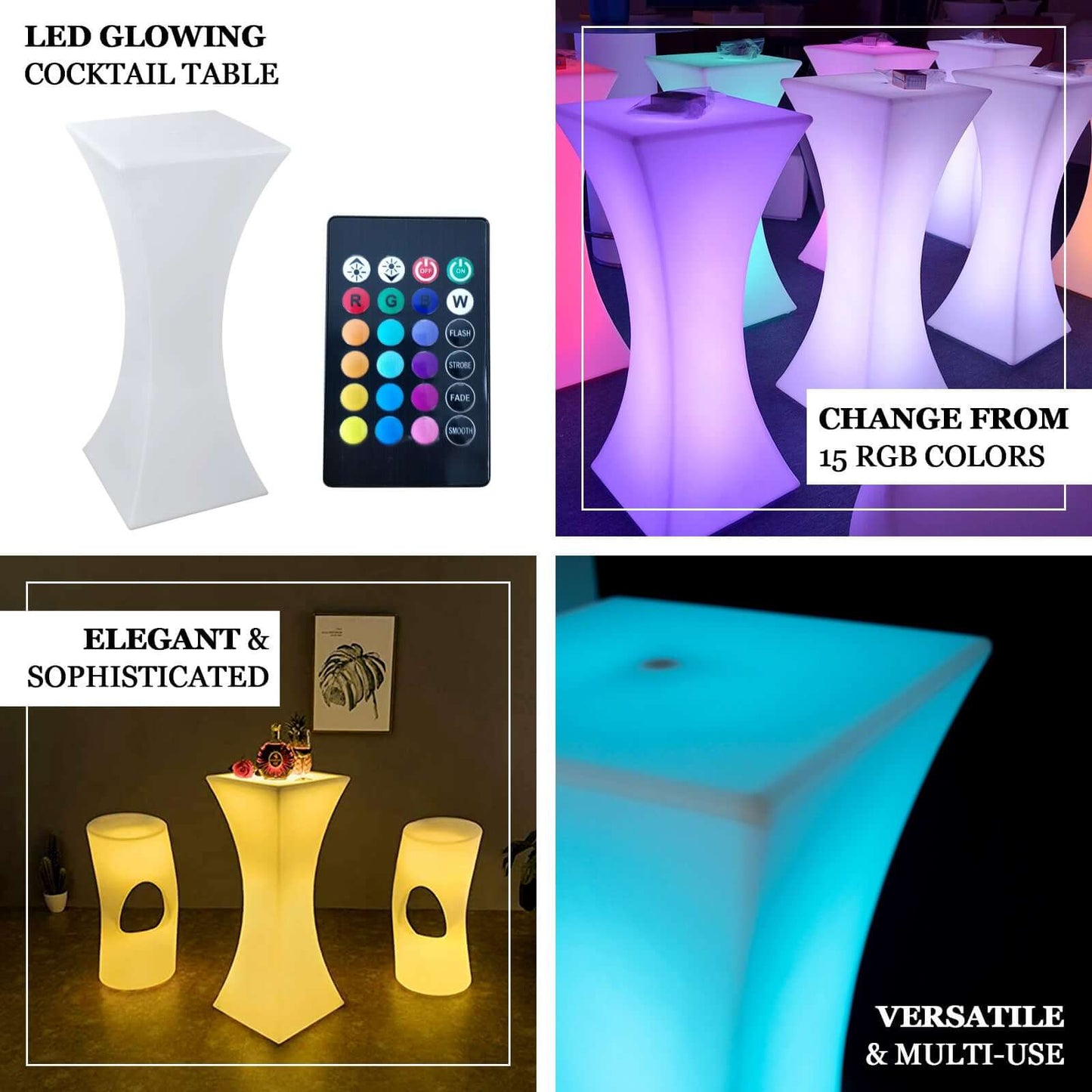 18"x43" Color Changing Cordless LED Light Up Cocktail Table, Rechargeable Waterproof Illuminated Furniture