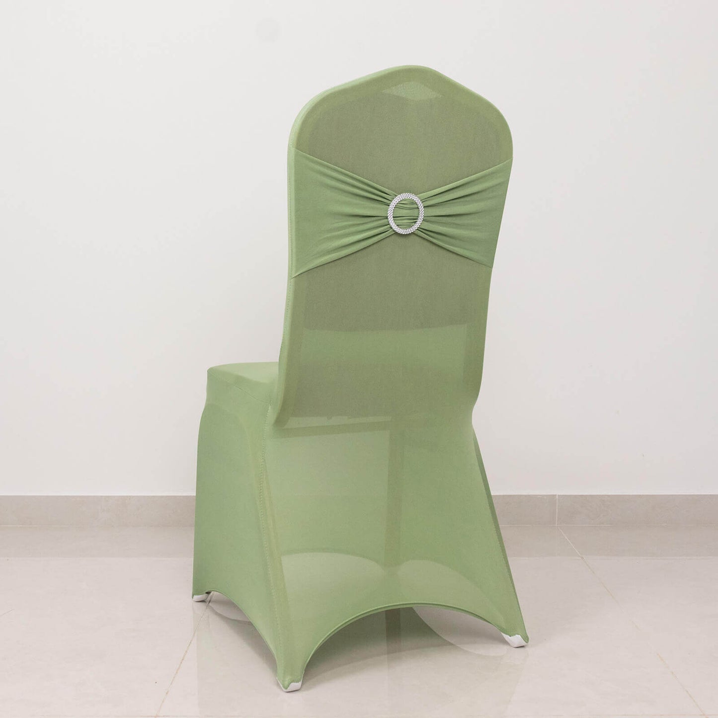 Spandex Chair Cover with Silver Rhinestone Buckled Sash Band Sage Green - Stretch Fitted Slipcover