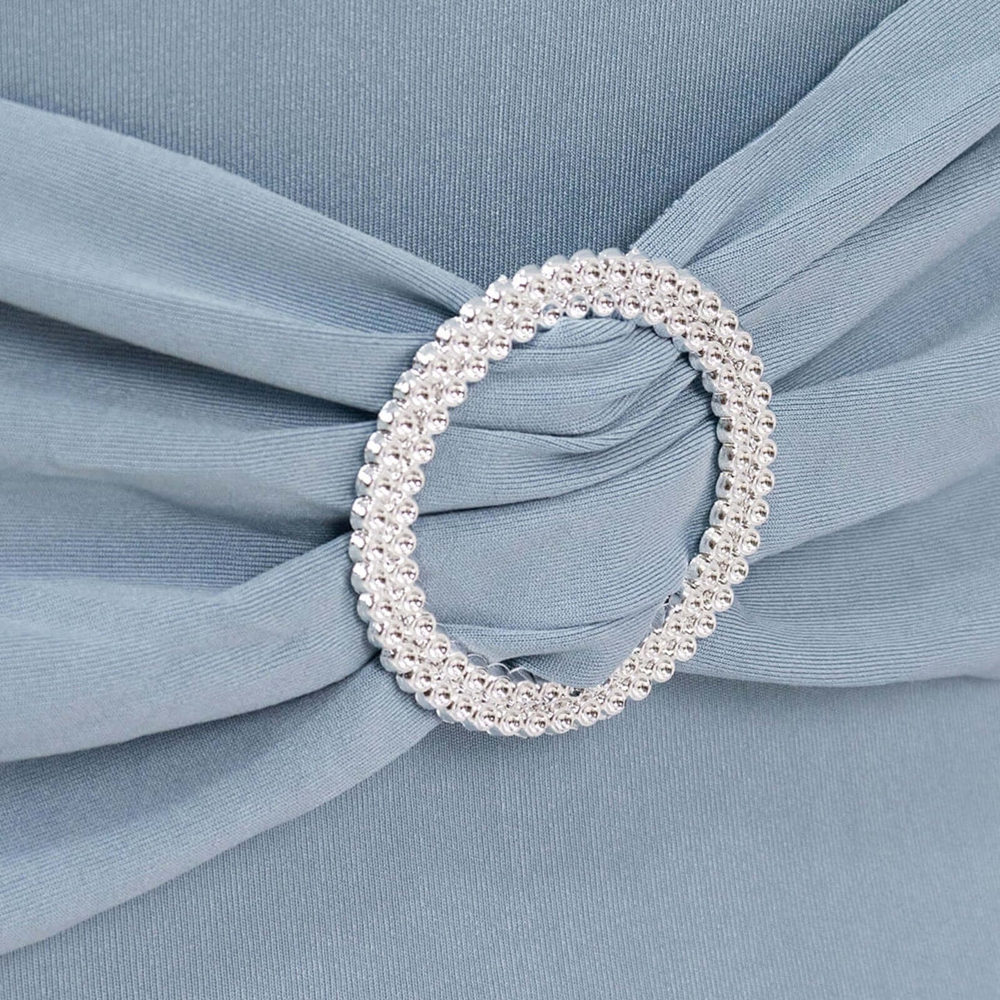 Stretch Spandex Chair Cover Dusty Blue for Folding Chairs - Secure Fit Slipcover with Silver Rhinestone Buckled Sash Band