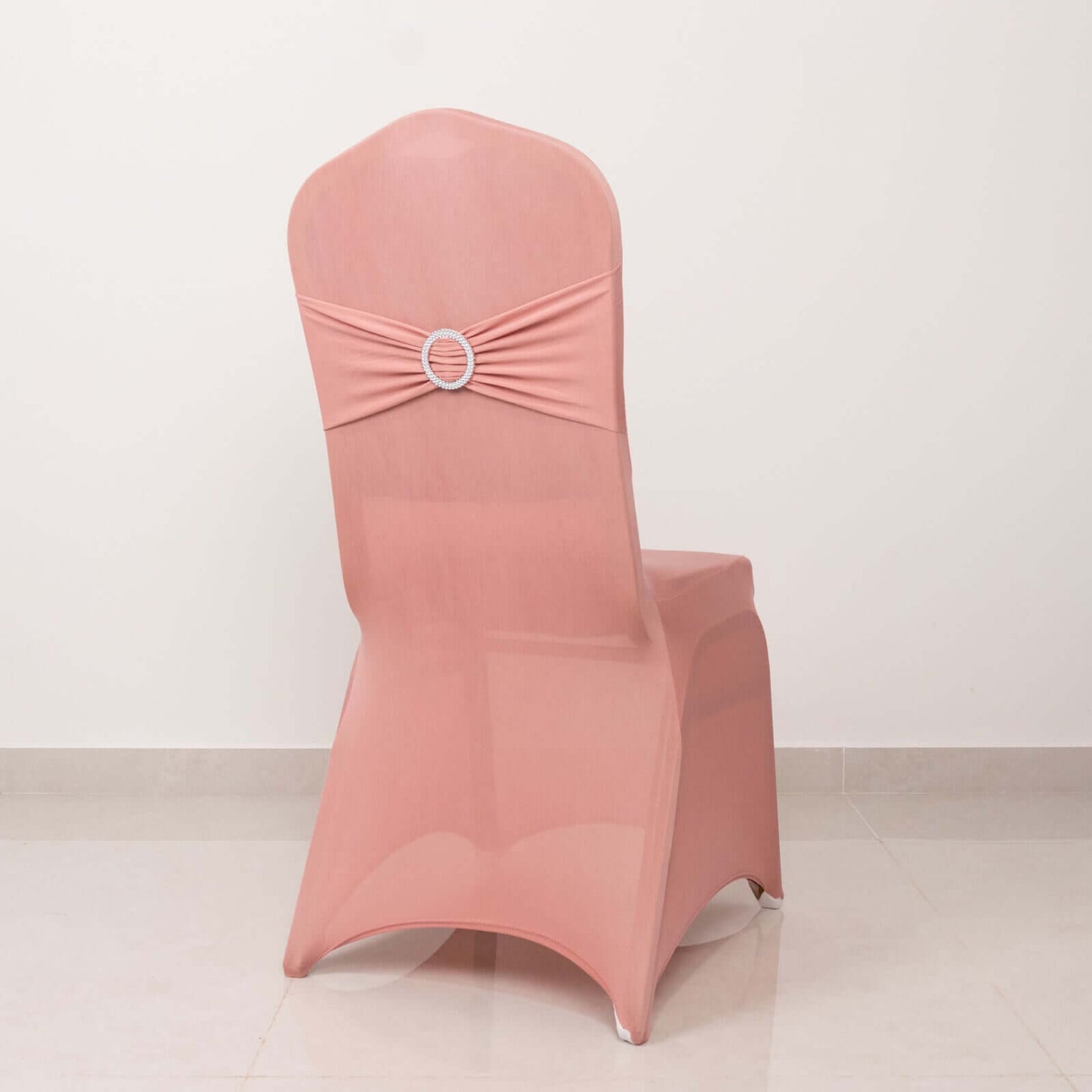 Spandex Chair Cover with Silver Rhinestone Buckled Sash Band Dusty Rose - Stretch Fitted Slipcover
