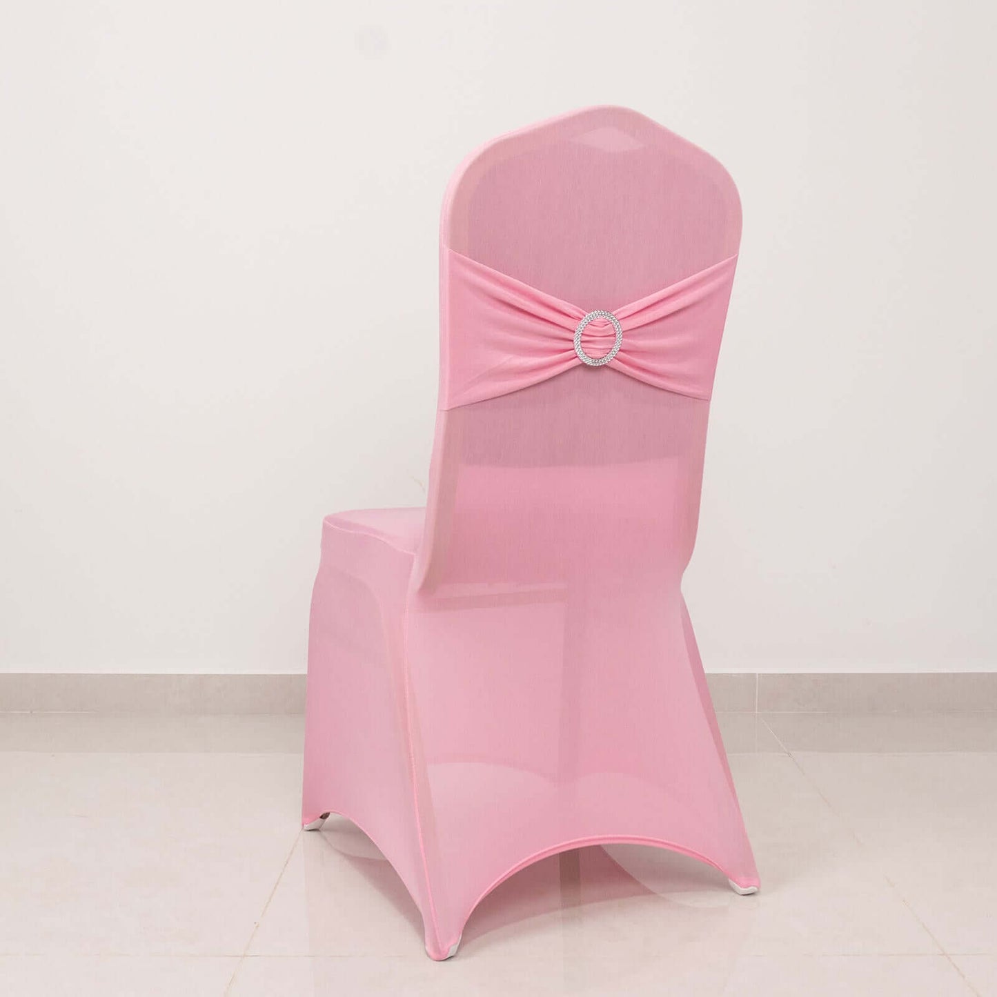 Spandex Chair Cover with Silver Rhinestone Buckled Sash Band Pink - Stretch Fitted Slipcover