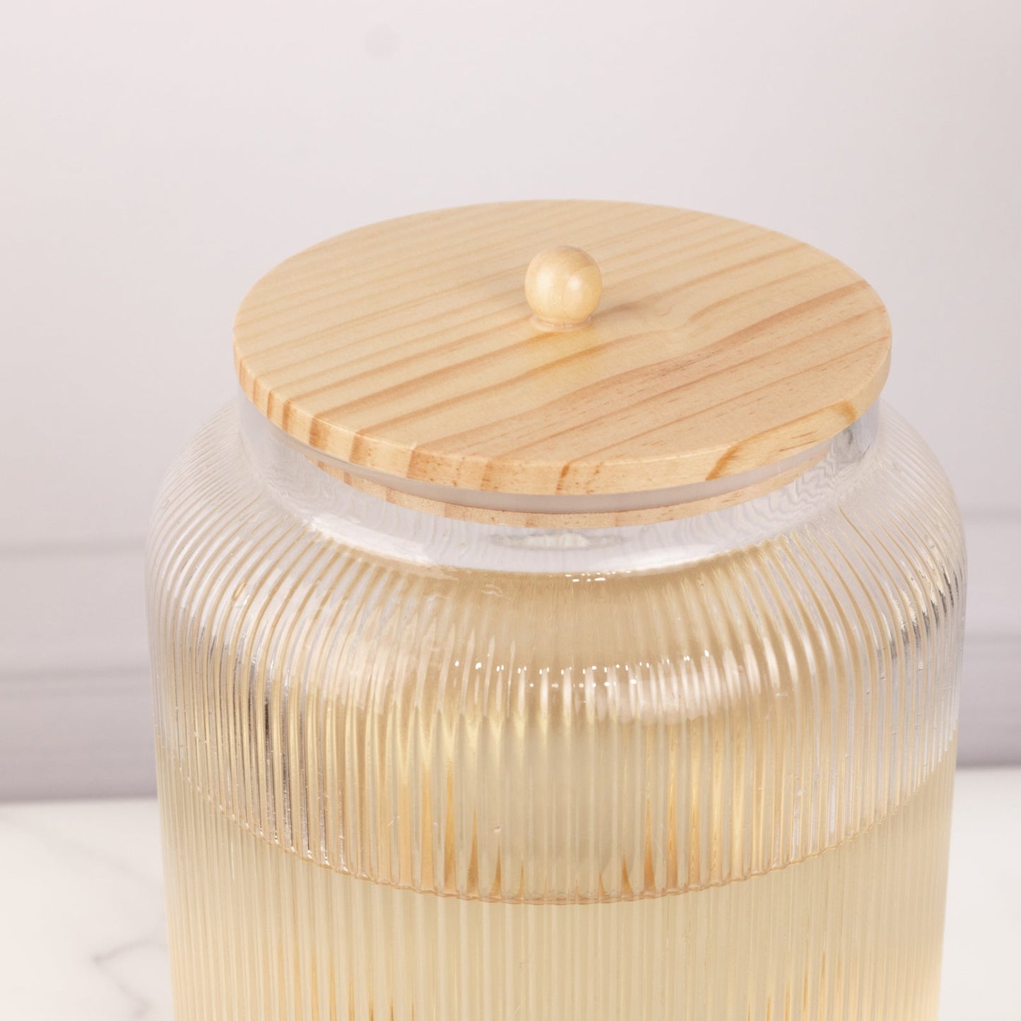 1 Gallon Clear Ribbed Glass Beverage Dispenser, Round Juice Jar with Wooden Stand and Lid - Lead-Free Countertop Feature 14"