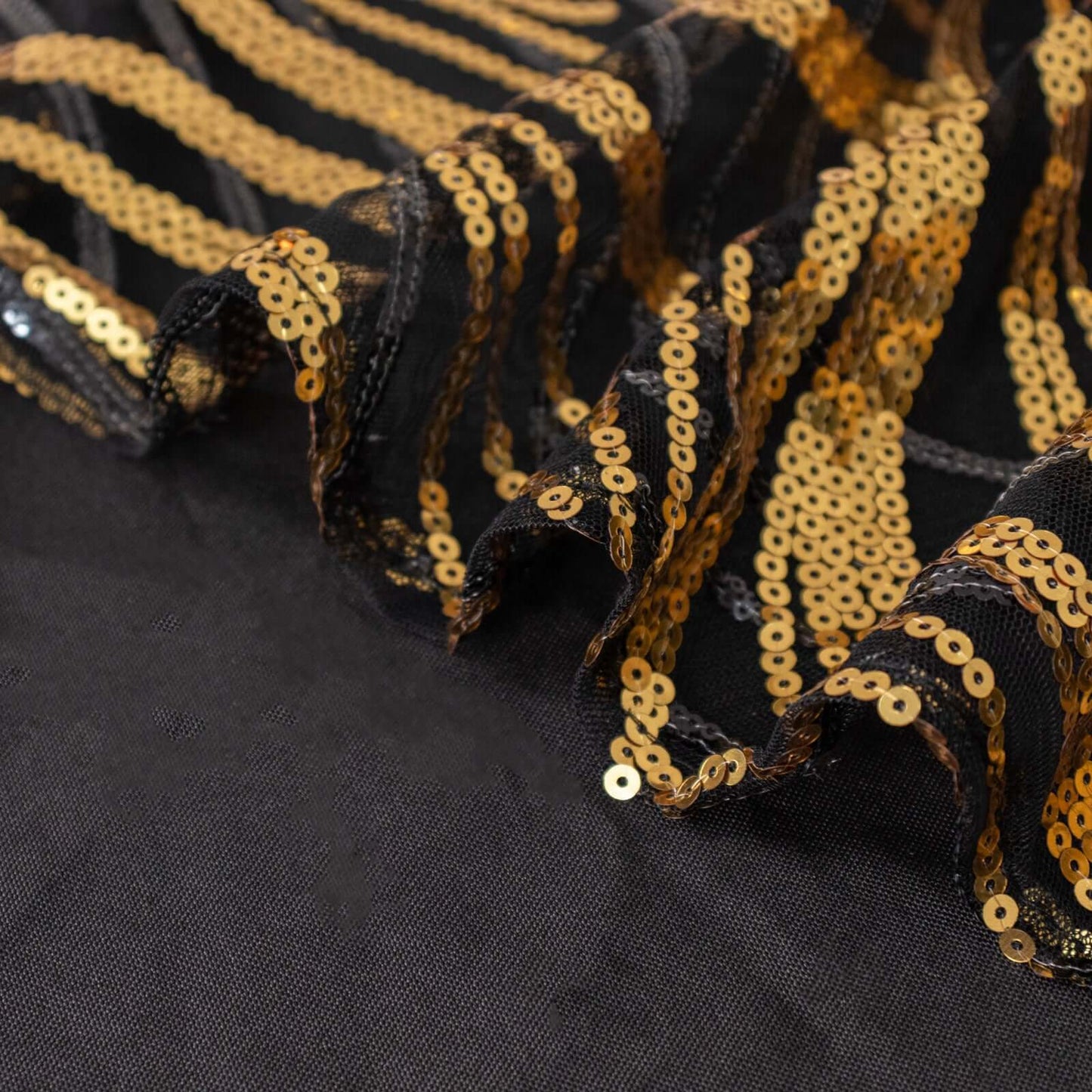 Sequin Mesh 12"x108" Table Runner Black Gold Stylish Wave Embroidery