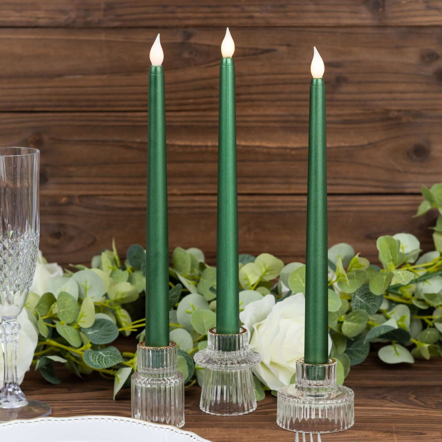 3-Pack LED Decorative Lighting Warm Flickering Hunter Emerald Green - Flameless Taper Candles 11"