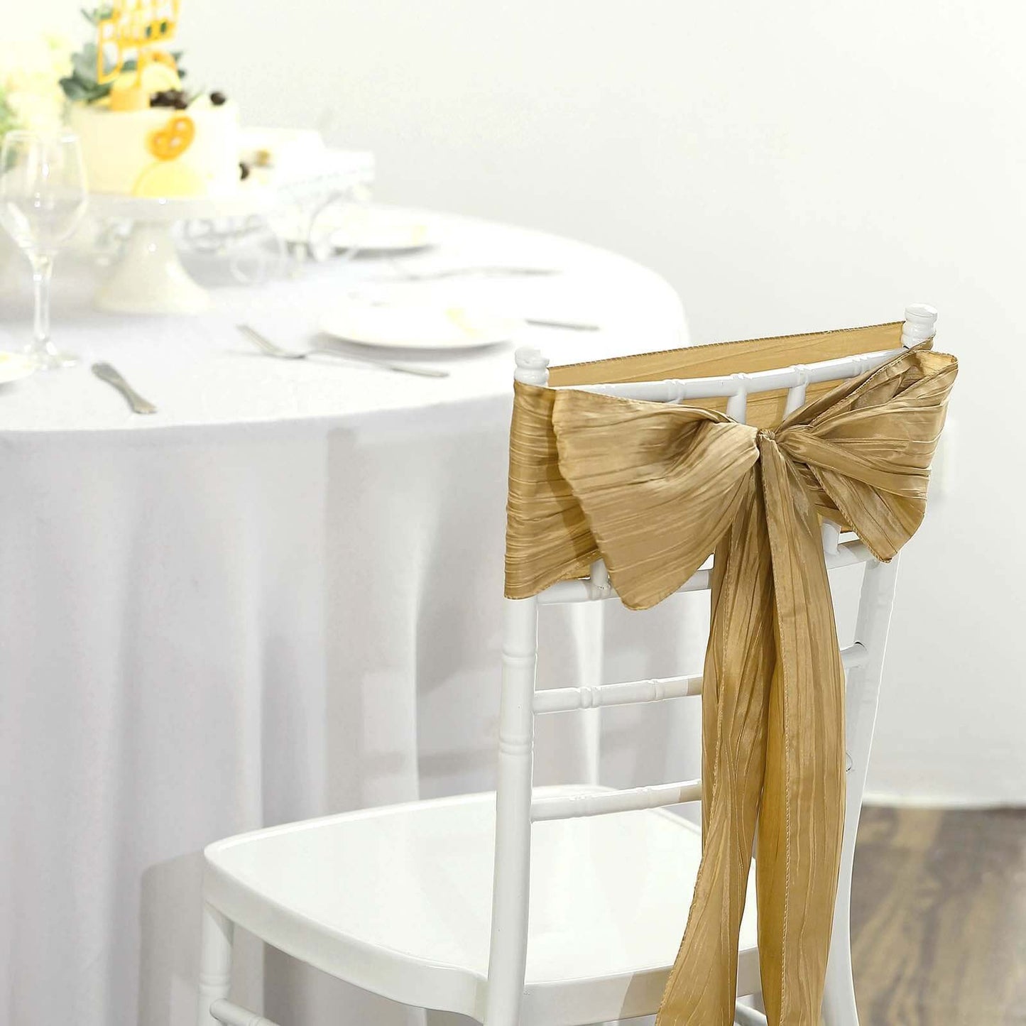 5 Pack Taffeta 6"x106" Chair Sashes Gold Accordion Crinkle Texture - Stylish Decor for Weddings & Gatherings