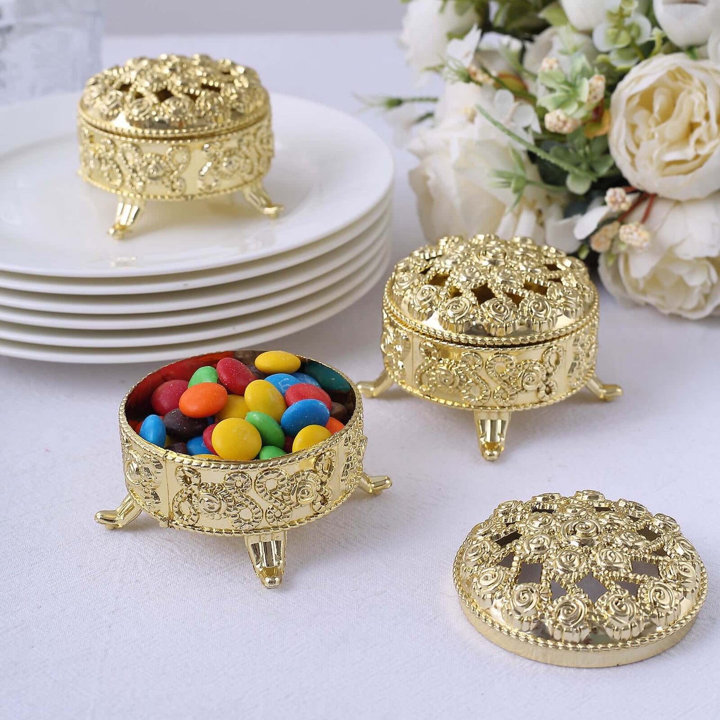 12-Pack Plastic Fillable Mini Candy Container in Vintage Ornate Round Box Style Metallic Gold - Candy Treat Favor Boxes 2.5"