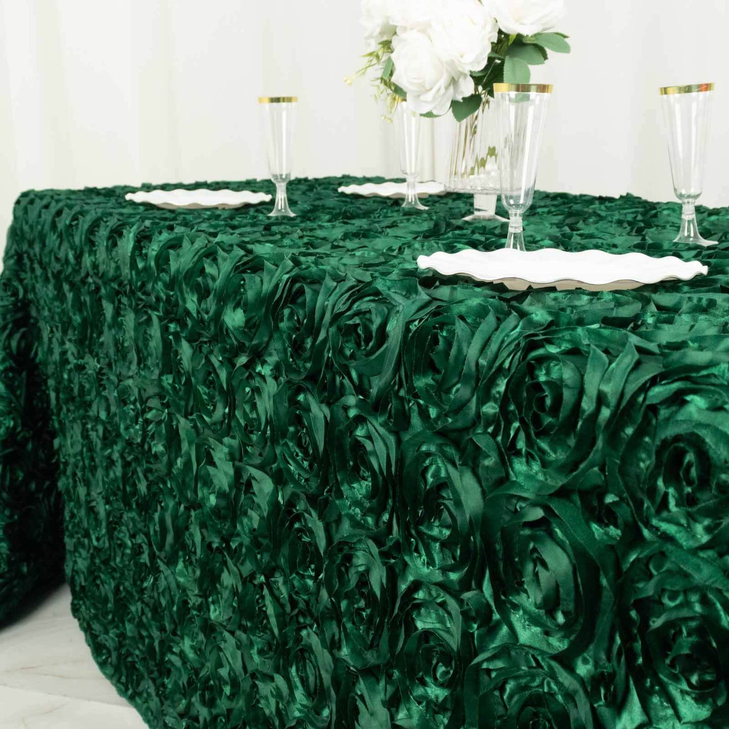 Satin 90"x132" Rectangle Tablecloth Hunter Emerald Green - Grandiose 3D Rosette Seamless Table Cover