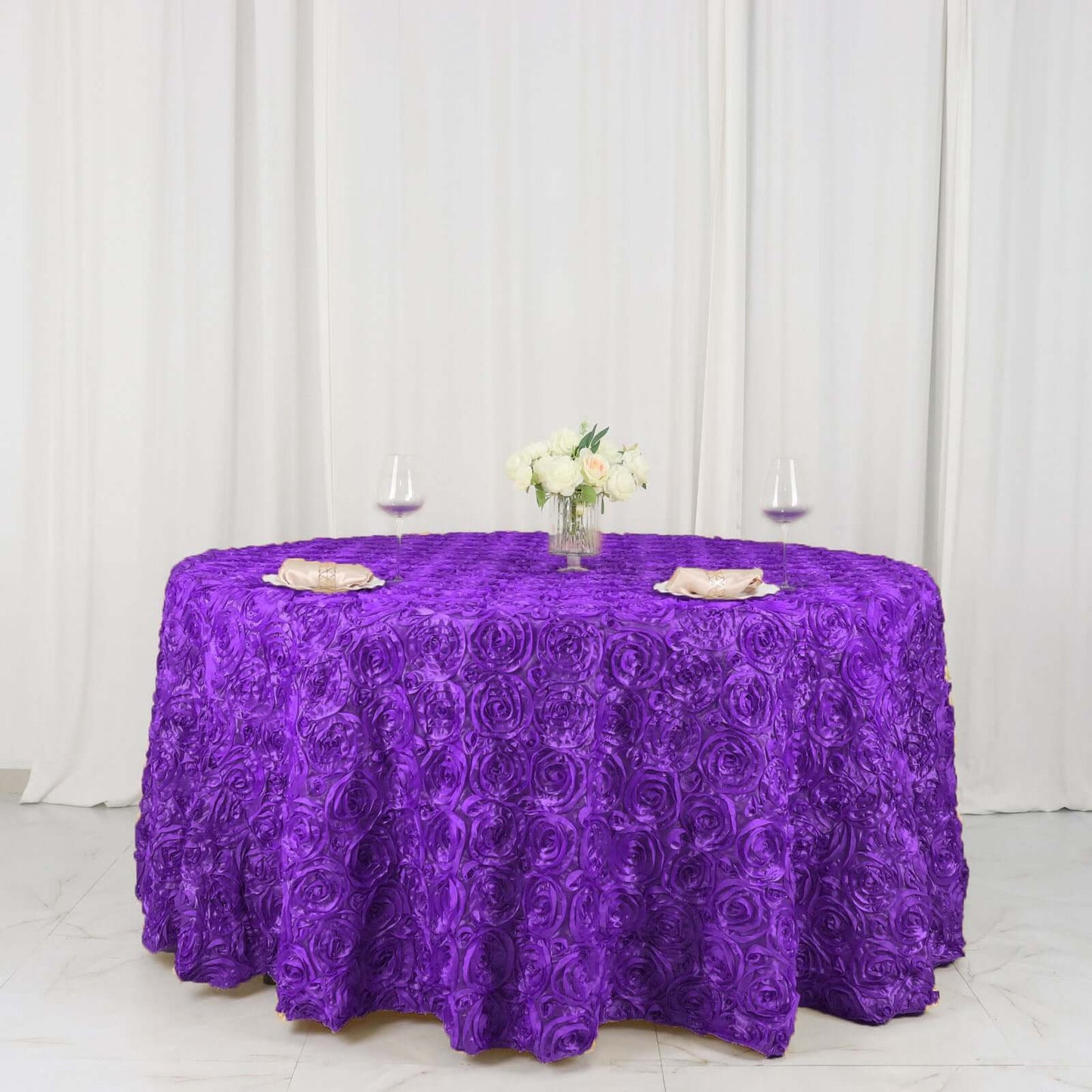 Satin 120" Round Tablecloth Purple - Grandiose 3D Rosette with Seamless Finish Table Cover