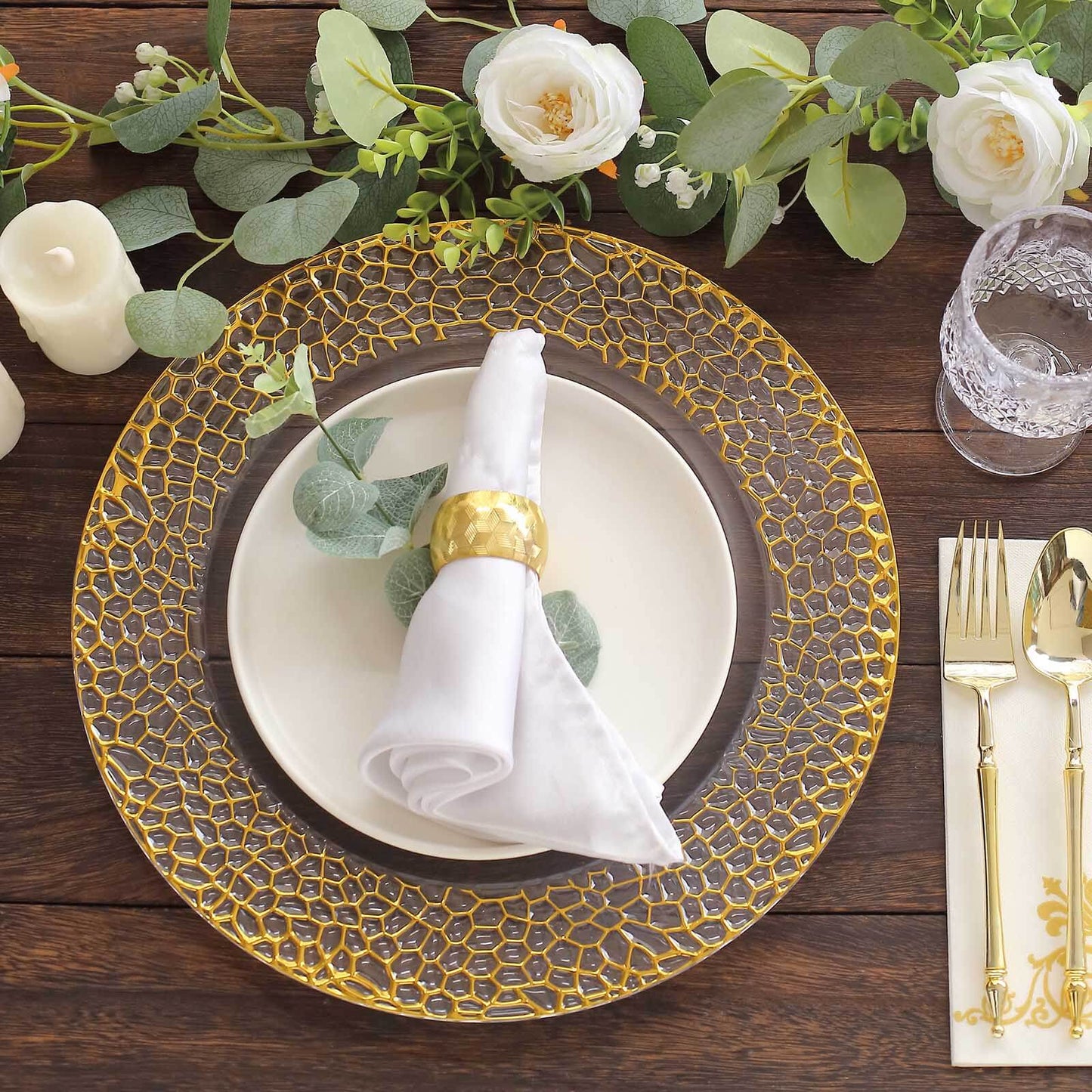 6-Pack Acrylic Round Charger Plates 13" in Clear with Gold Hammered Rim, Decorative Plastic Charger Tableware