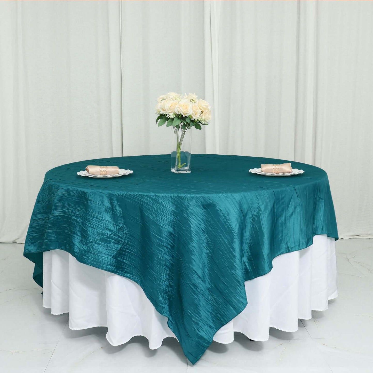Taffeta 90"x90" Table Overlay Square Tablecloth Peacock Teal - Accordion Crinkle Table Cover