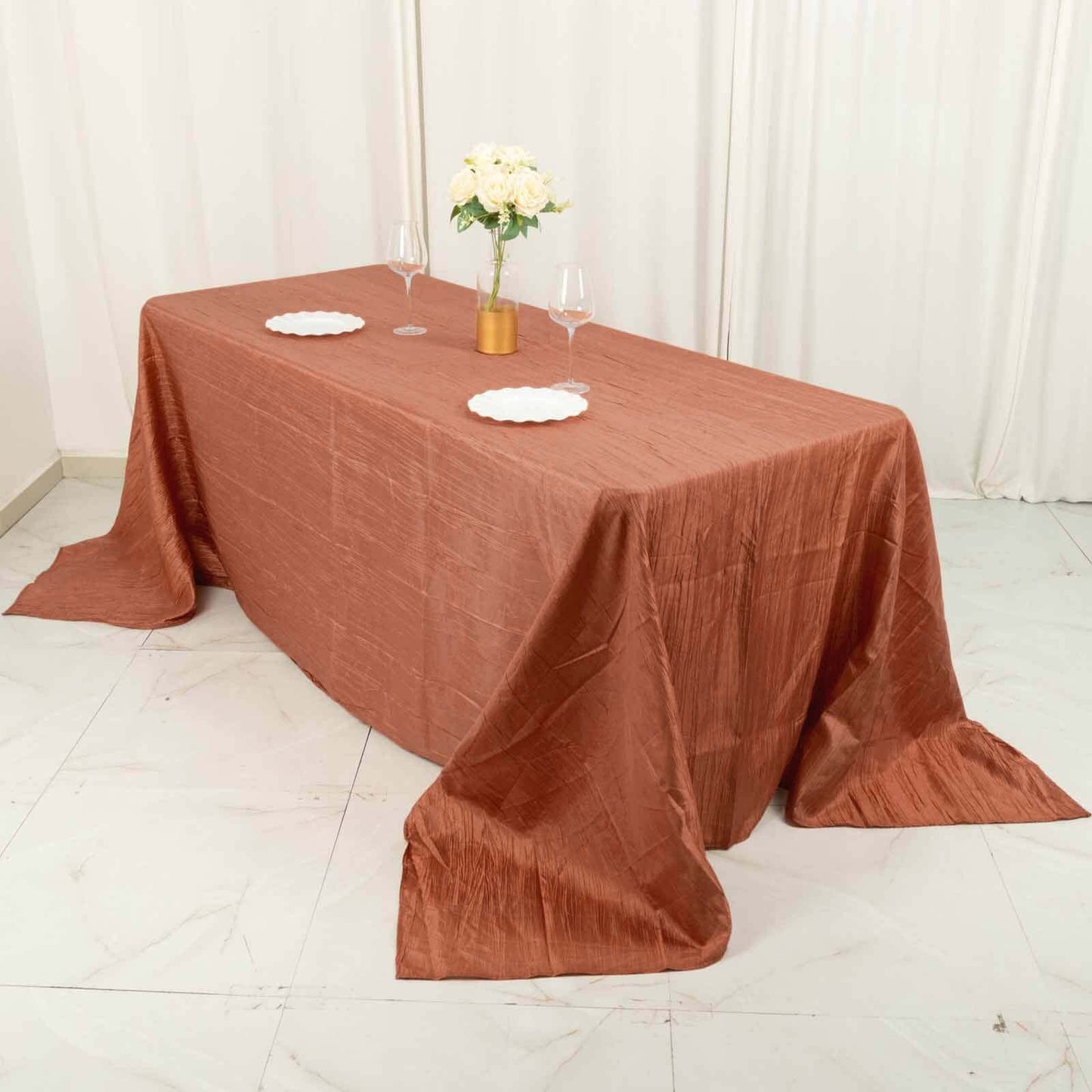 Taffeta 90"x132" Rectangle Tablecloth Terracotta (Rust) - Seamless Accordion Crinkle Table Cover