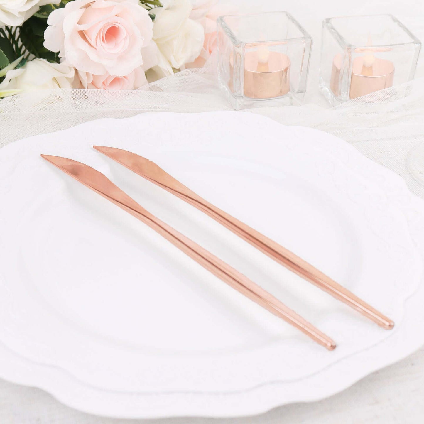 24-Pack Plastic Knives Glossy Rose Gold - Premium Heavy Duty Disposable Flatware Cutlery 8"