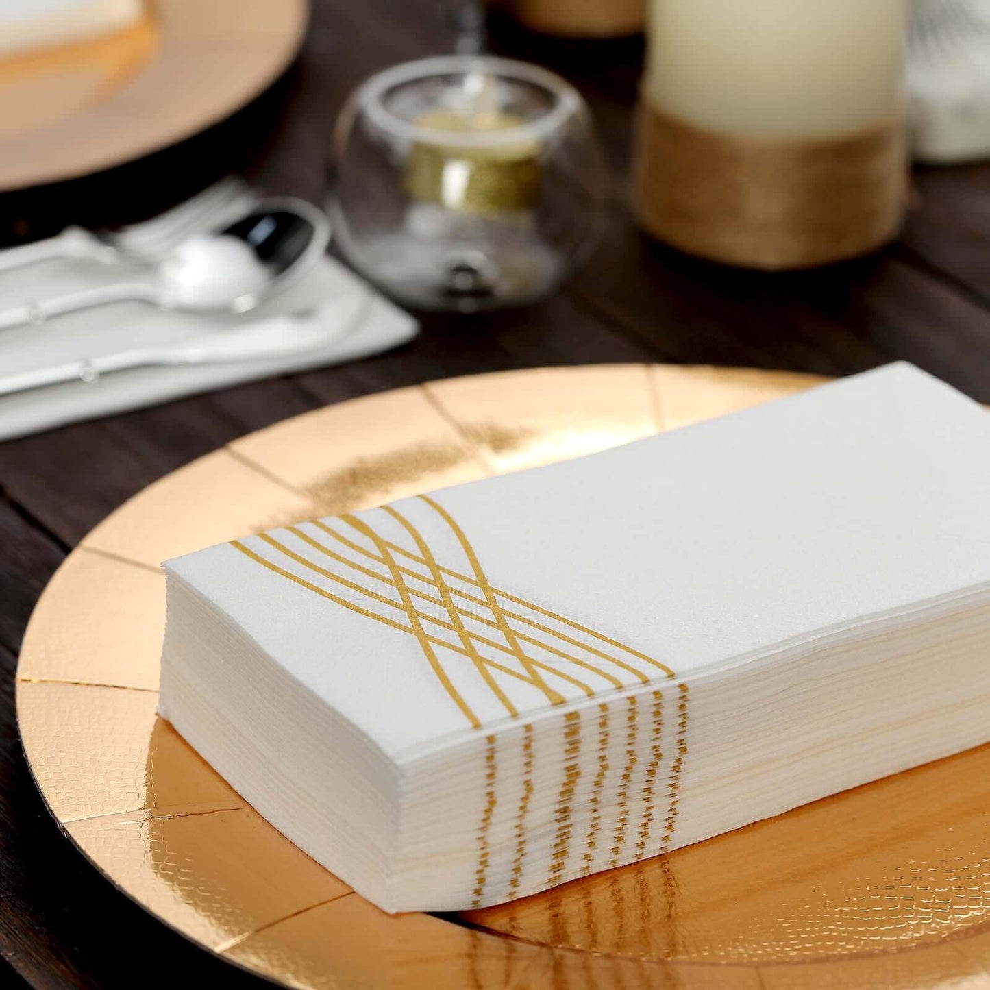 25 Pack Linen-Like Paper 8"x4" Napkins White with Metallic Gold Foil Wave Design - Soft & Absorbent Airlaid Hand Towels for Exquisite Weddings & Events