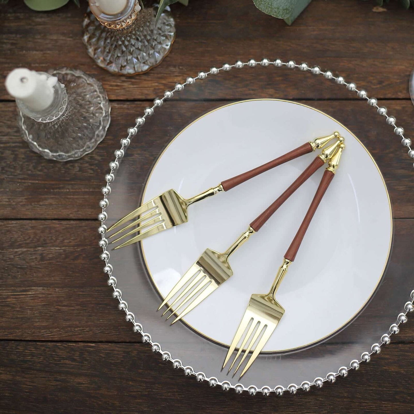 24-Pack Plastic Forks with Roman Column Handle Gold/Brown - European Style Disposable Utensils 8"