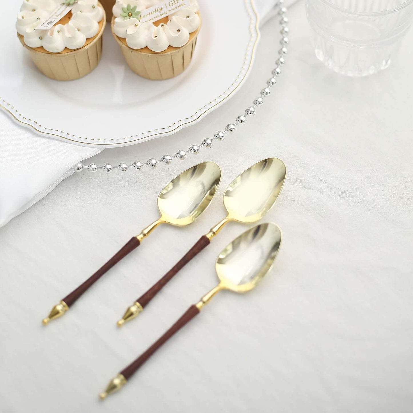 24-Pack Plastic Dessert Spoons with Roman Column Handle Gold/Brown - European Style Disposable Utensils 6"
