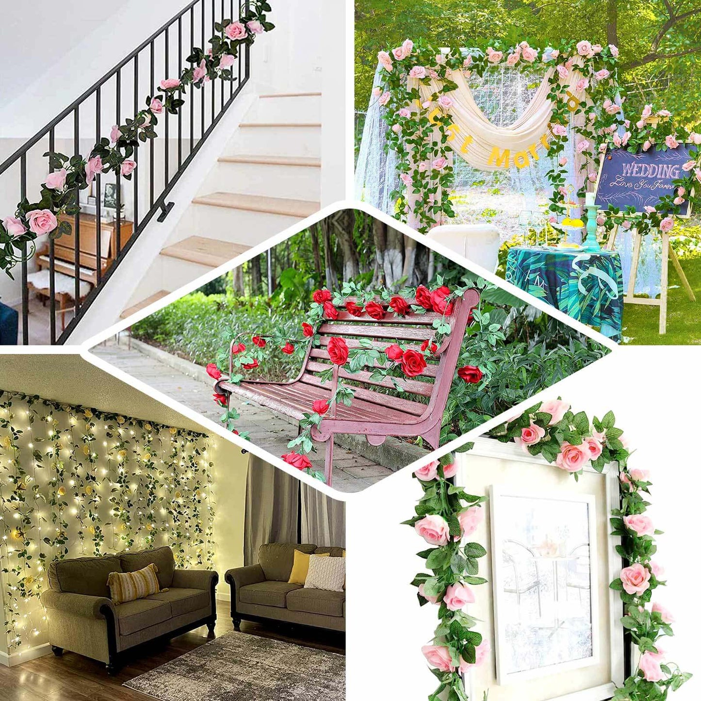 6ft 20 Burgundy Artificial Silk Roses Flower Garland, Hanging Vine