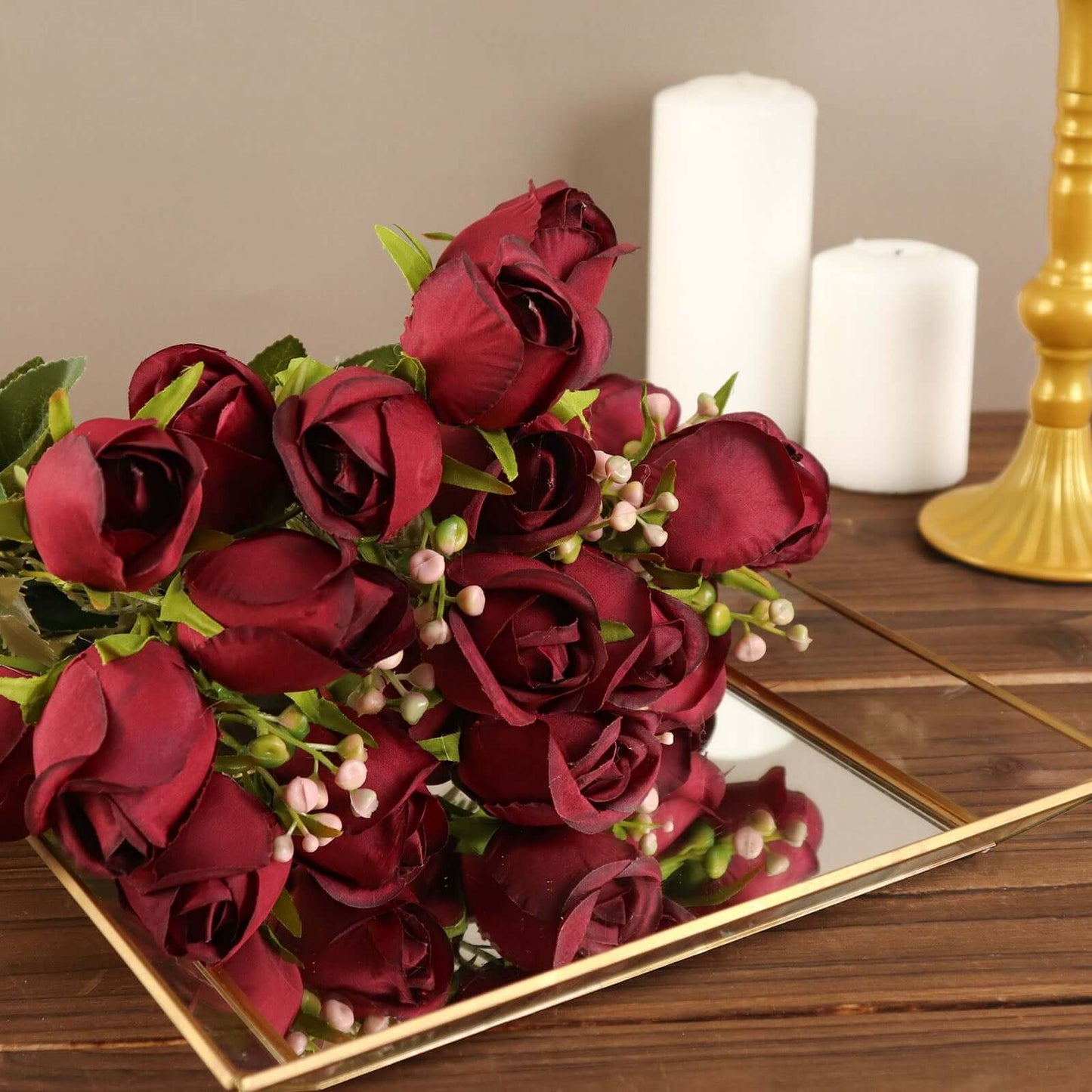 3 Pack 13" Burgundy Real Touch Silk Rose Bud Flower Bridal Bouquets, Artificial Floral Bush Arrangements