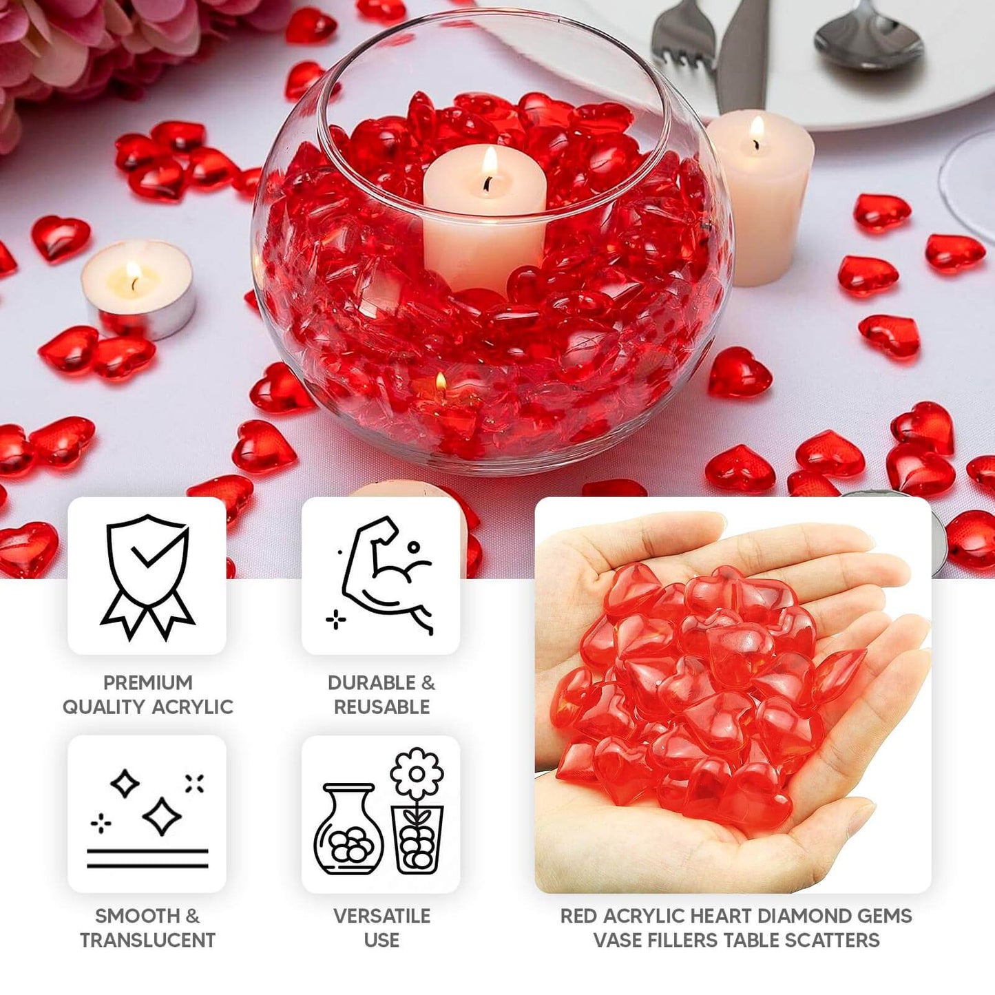 250 Pcs Acrylic Heart Diamond Gems Red Vase Fillers - Romantic Translucent Table Scatters for Valentineâ€™s Day & Events