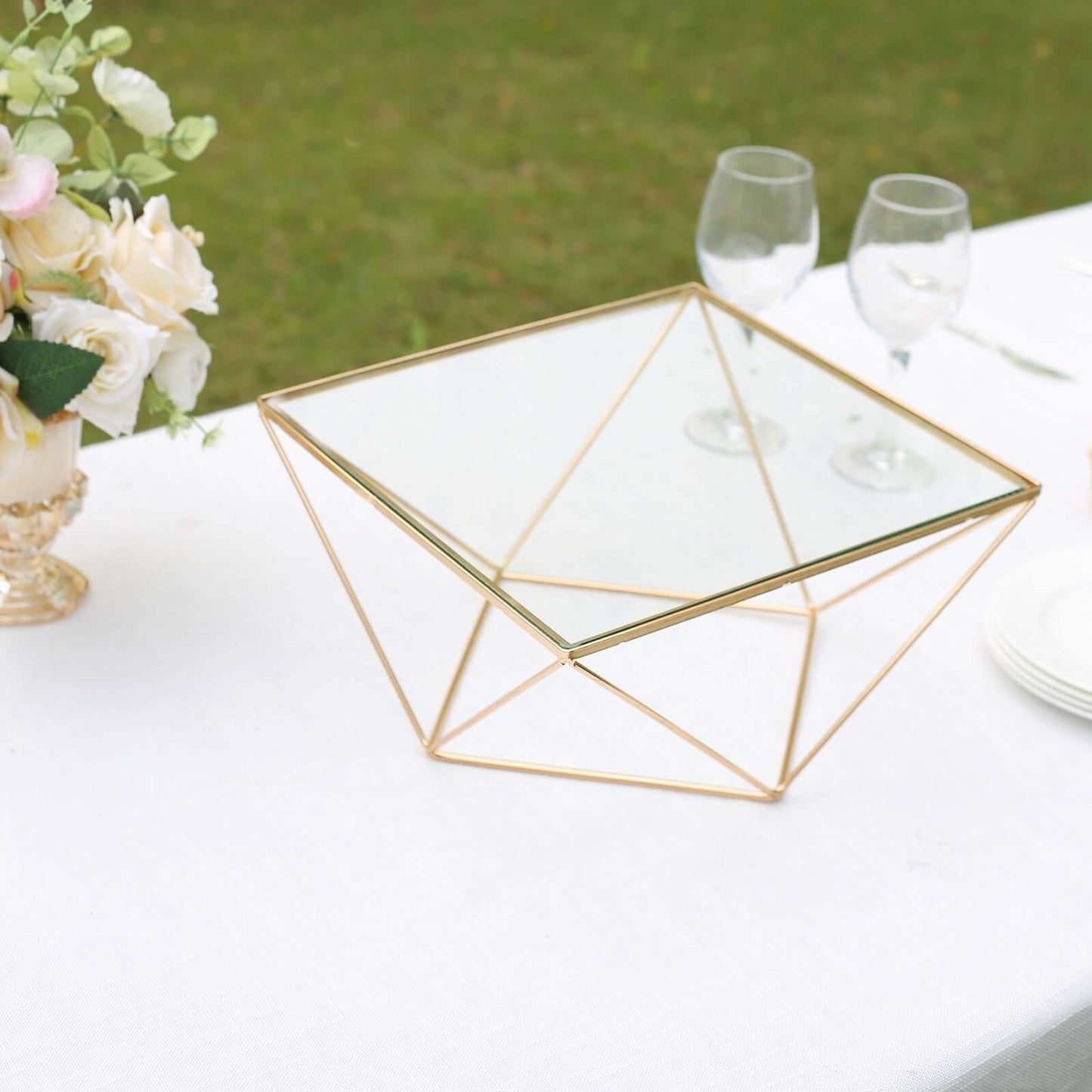 Metal Cake Stand Geometric Pedestal Riser Design Gold with Square Glass Top - Display Centerpiece 12"