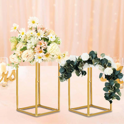 2-Pack Wedding Flower Stand Gold Metal Geometric Column Frame Rectangular - Versatile Floral Pedestal for Sophisticated Arrangements 12"