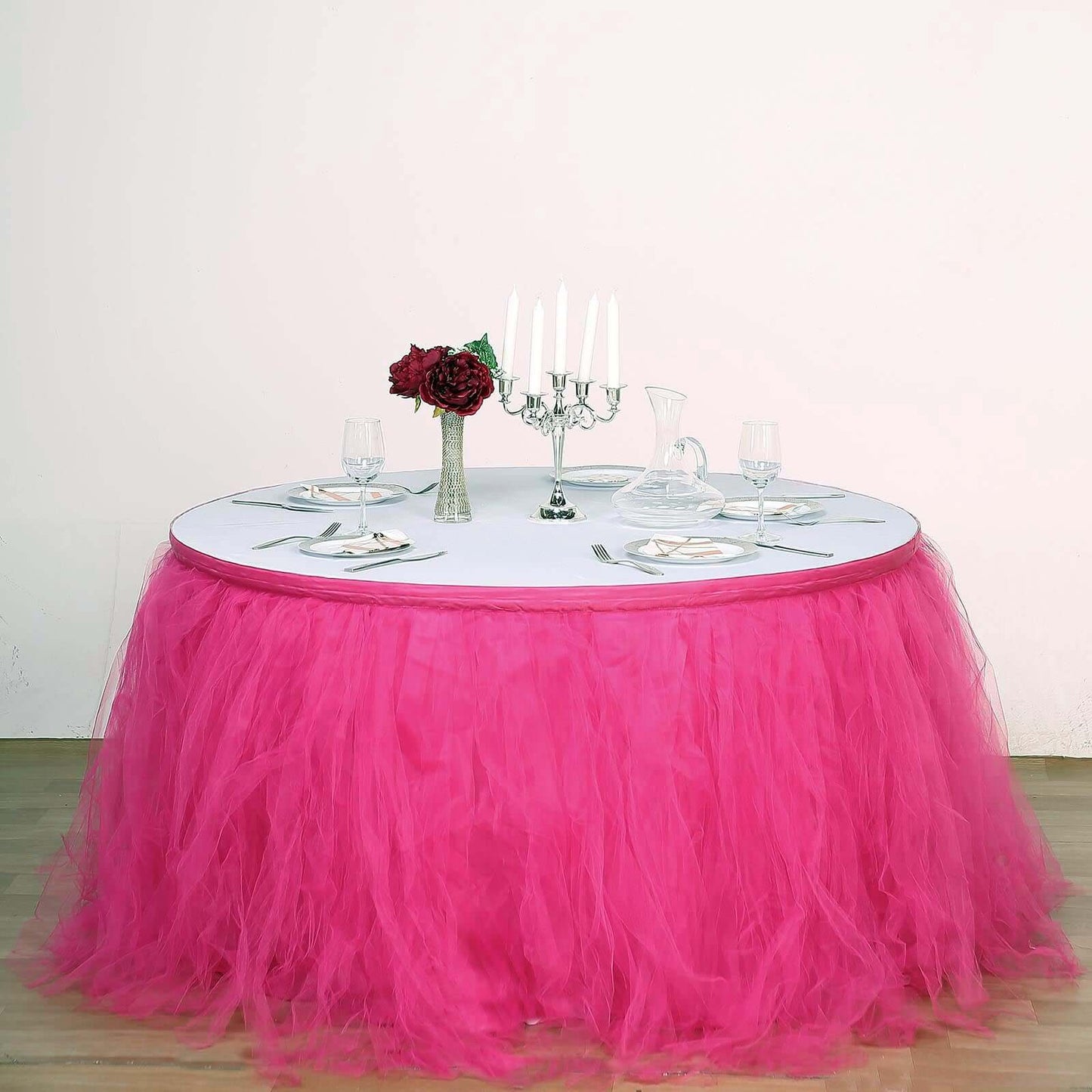 Tulle 14ft Table Skirt Fuchsia - 4 Layer Pleated Tutu Table Cover