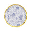 25-Pack Paper Round Dessert Plates 8" in White with Blue French Toile Pattern & Gold Wavy Rim - Disposable 350GSM Salad Plates