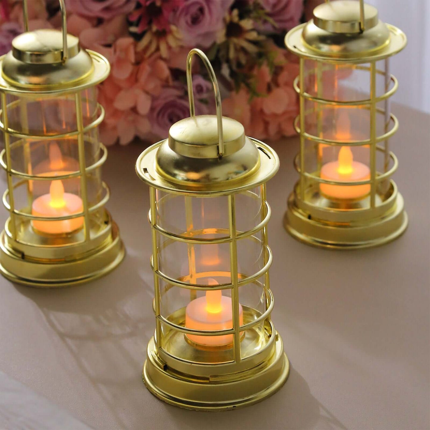 3-Pack LED Tealight Candles Decorative Gold - Battery Operated Mini Lantern Lamps 7"