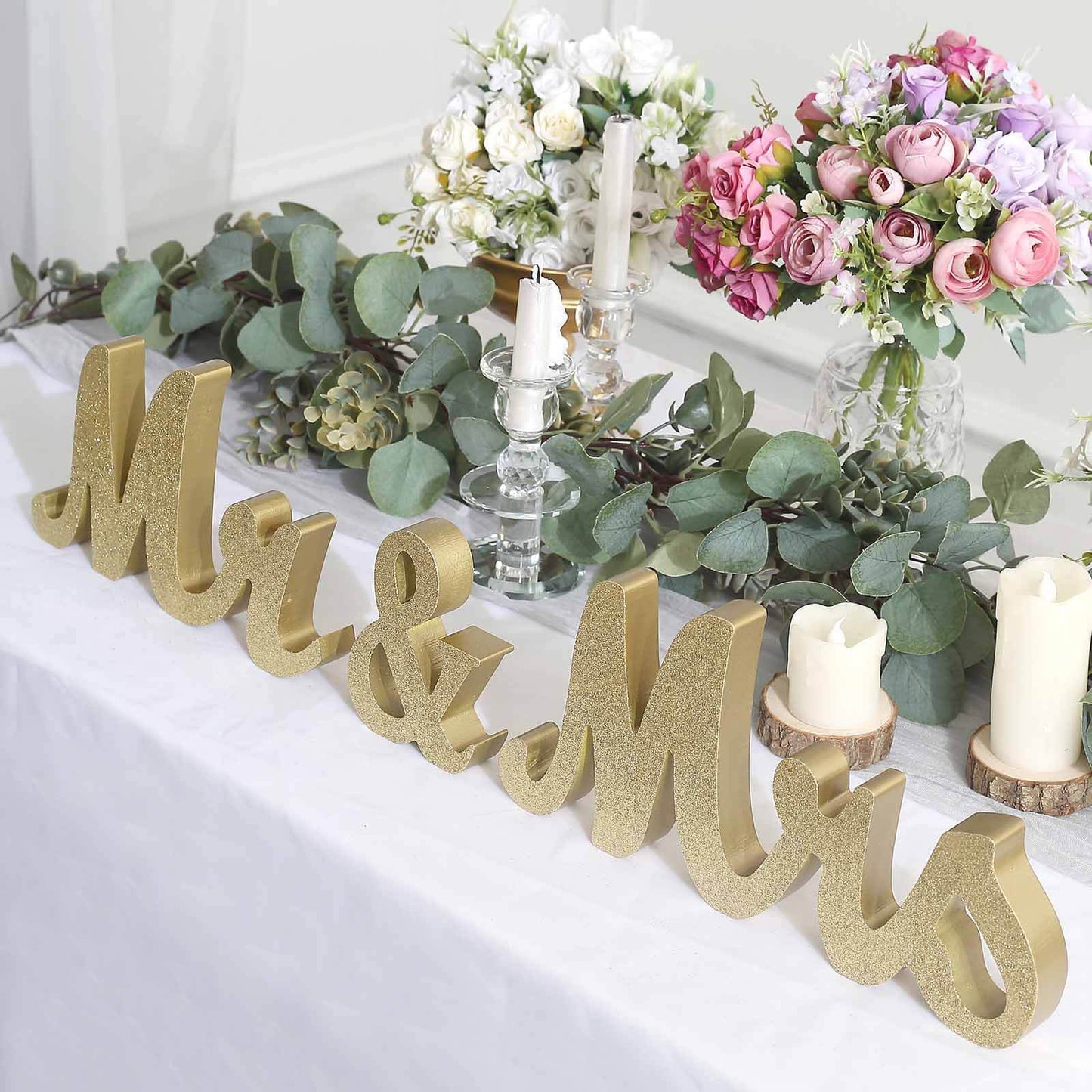 Wooden "Mr & Mrs" Freestanding Letters Gold Glittered - Rustic Glam Wedding Table Display Signs