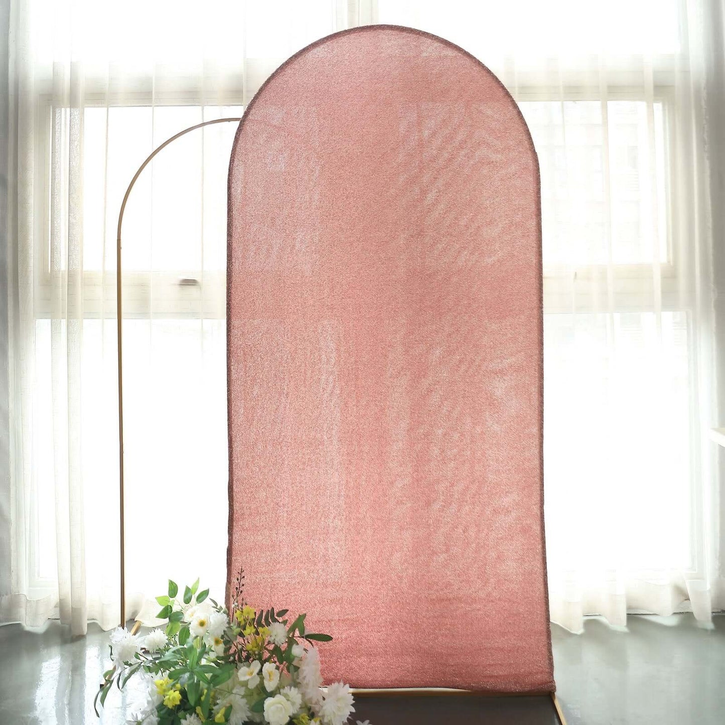 7ft Rose Gold Shimmer Tinsel Spandex Chiara Backdrop Stand Cover For Fitted Round Top Wedding Arch