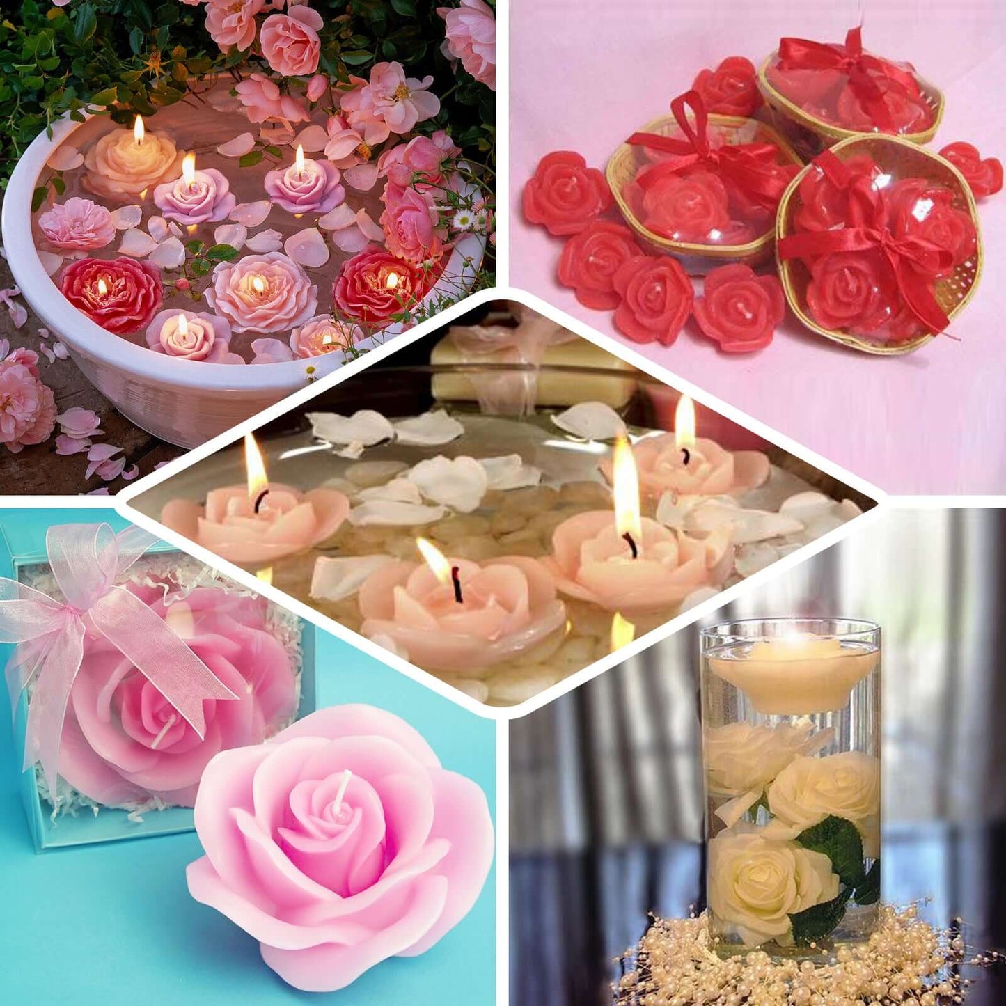 4-Pack Floating Candles Rose Flower Design Gold - Wedding Vase Fillers for Events 2.5"