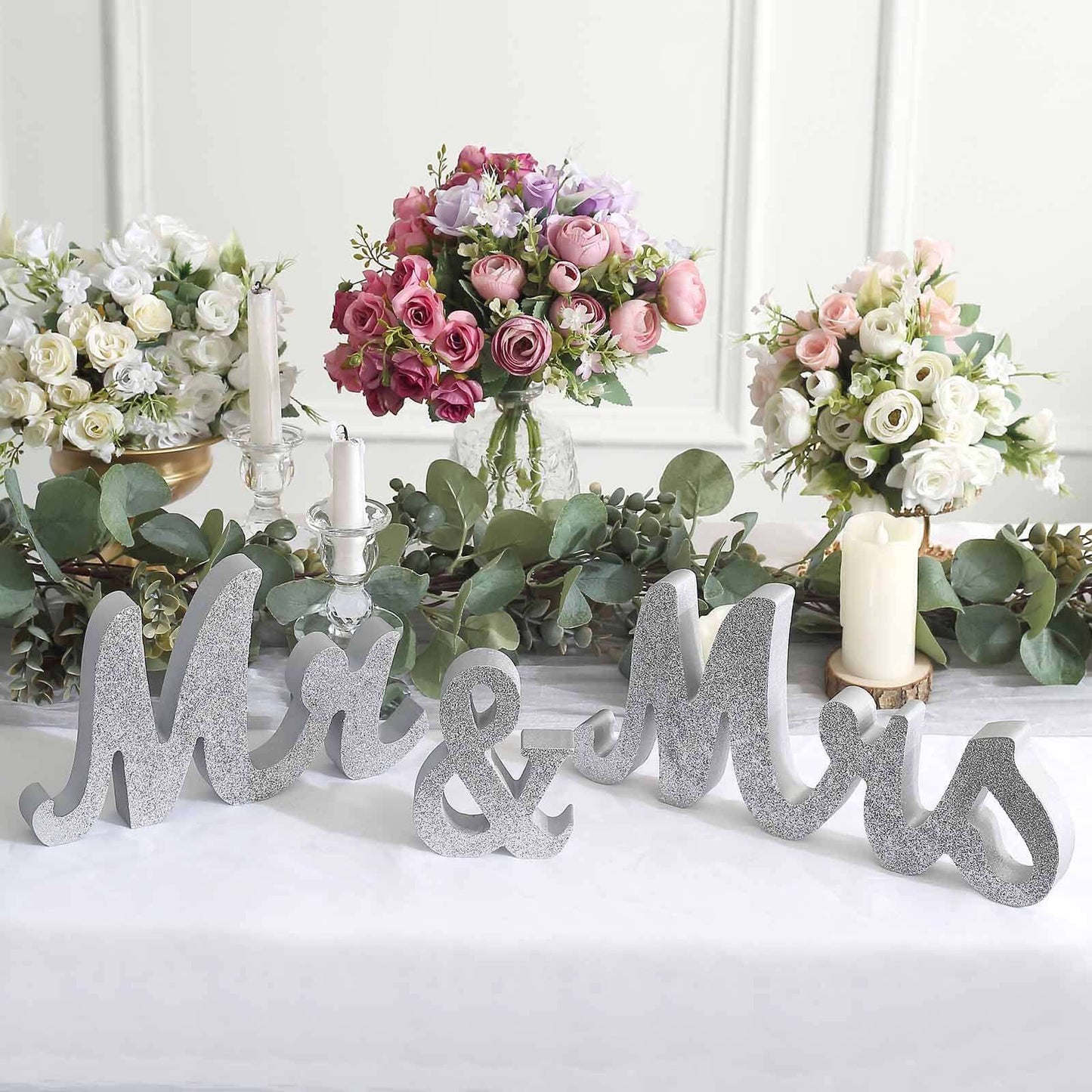 Wooden "Mr & Mrs" Freestanding Letters Silver Glittered - Rustic Glam Wedding Table Display Signs