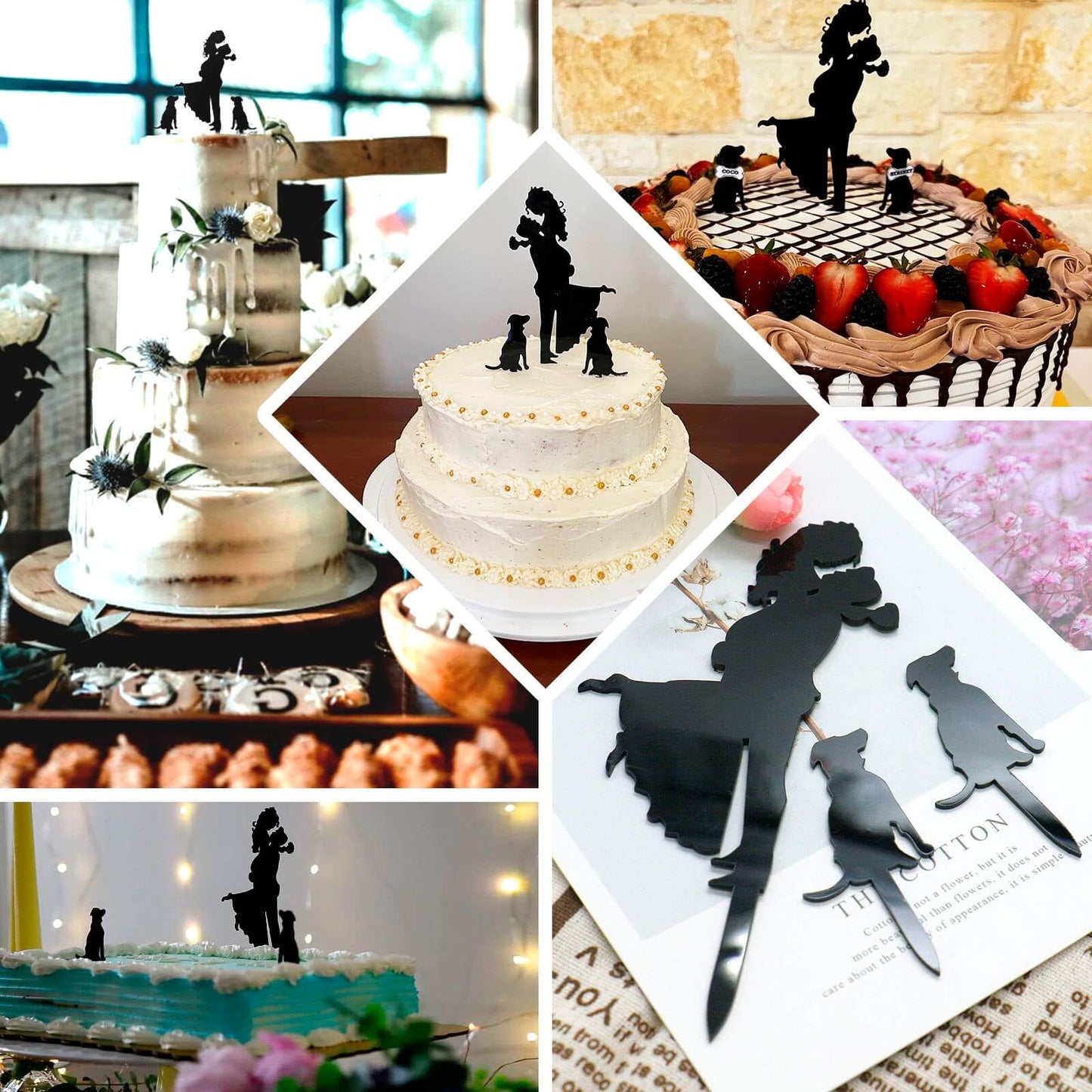 Acrylic Cake Toppers Black Silhouette Design of Bride, Groom, and Pet Dogs - Wedding Cake Decoration Set 7"
