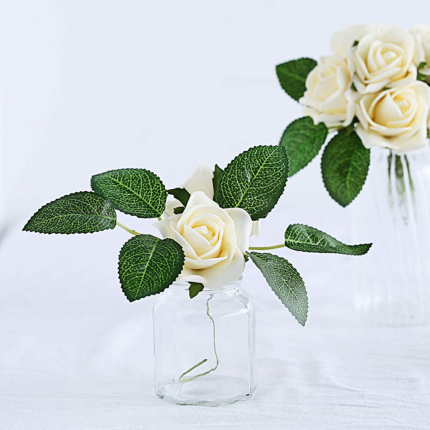 24 Roses 2" Cream Artificial Foam Flowers With Stem Wire and Leaves