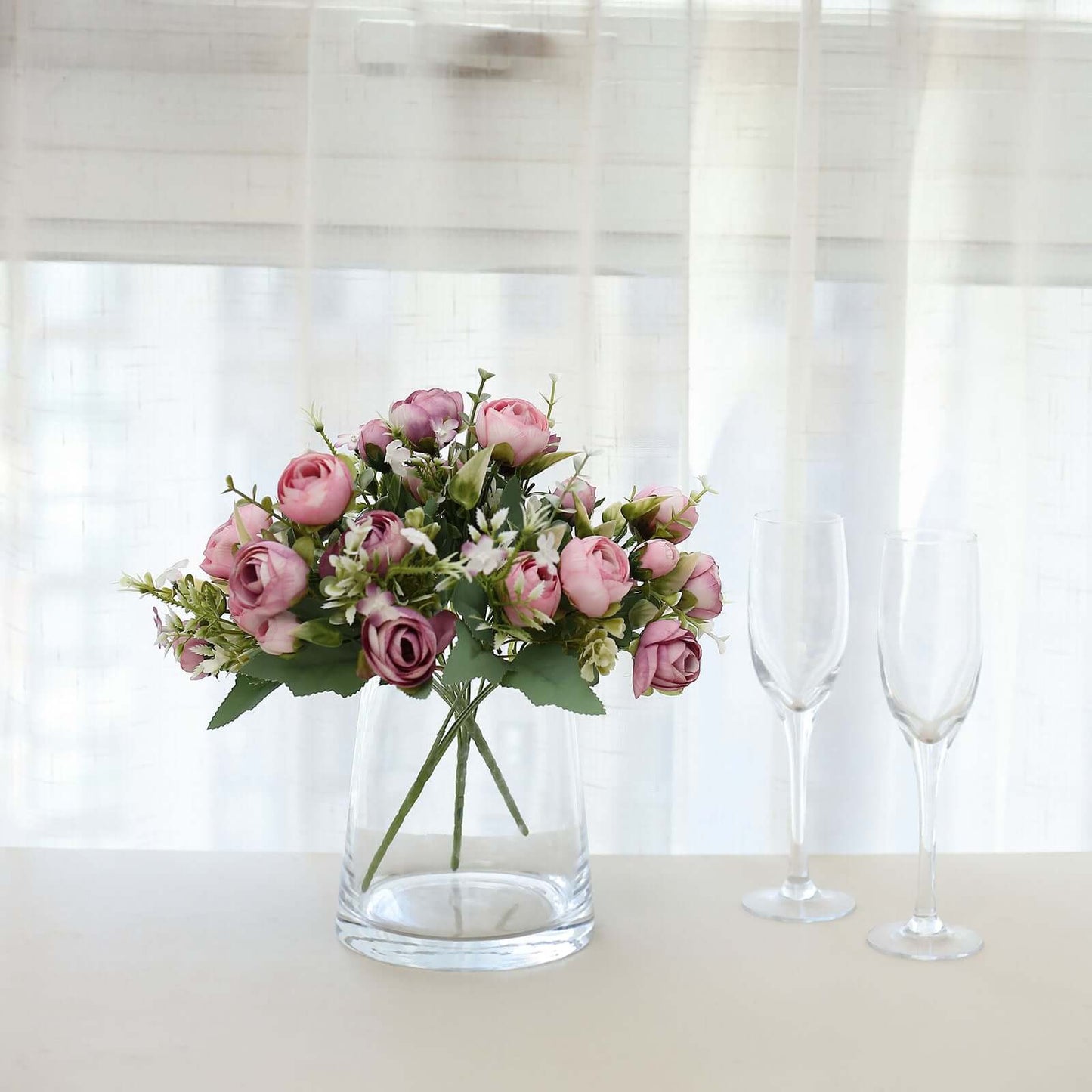 4 Pack 12" Artificial Dusty Rose Ranunculus Silk Flower Bridal Bouquets, Faux Buttercup Floral Arrangement