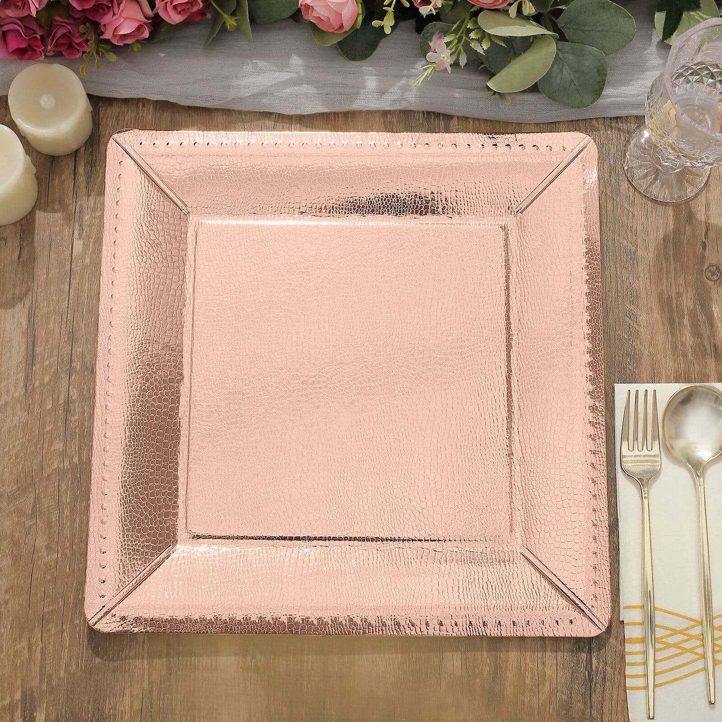 10-Pack Disposable Square Charger Plates in Rose Gold with Leather Like Texture - 1100GSM Durable Paper Chargers for Sophisticated Events 13"