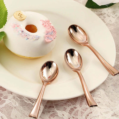 24-Pack Plastic Mini Dessert Spoons Rose Gold - Heavy Duty Disposable Silverware 4"