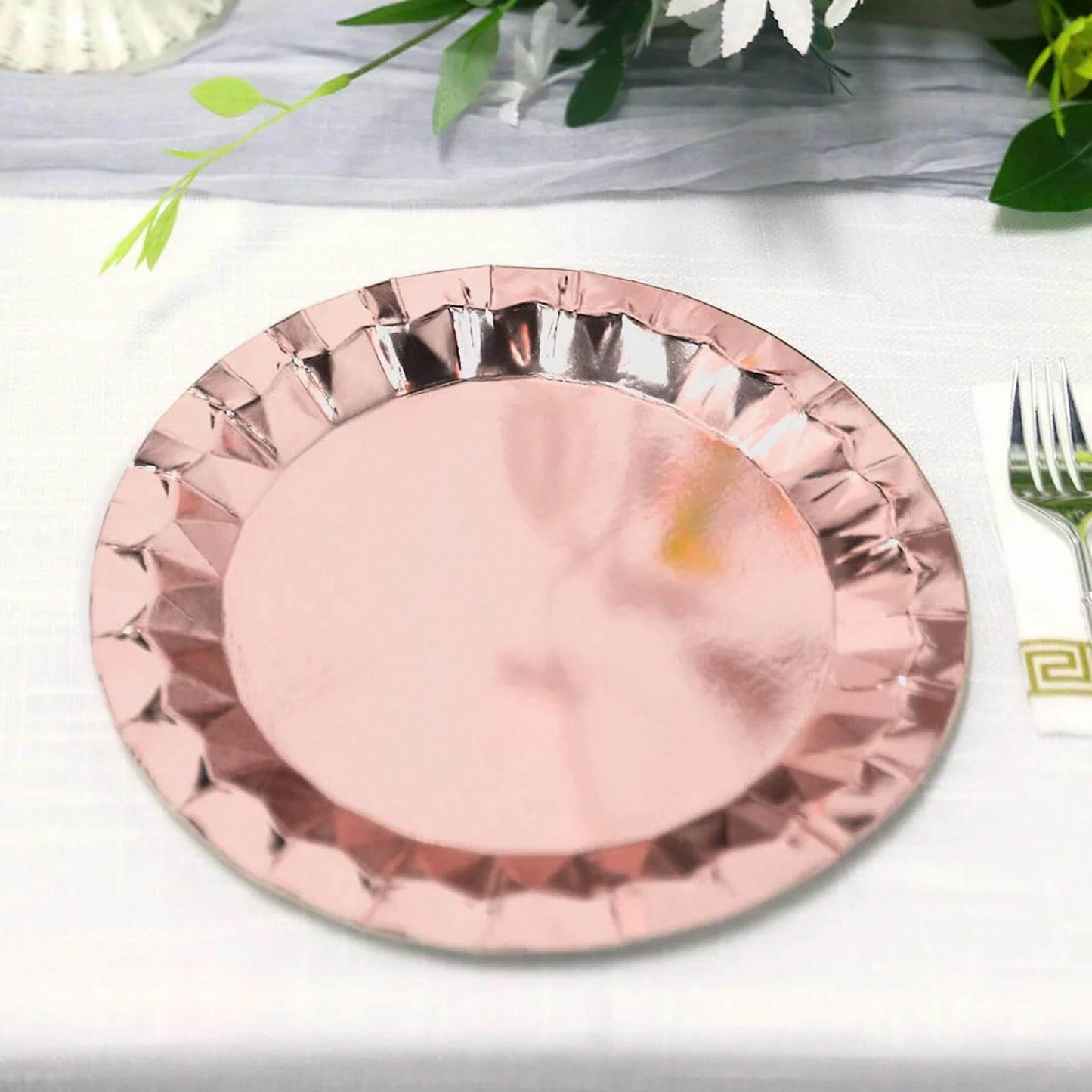 25-Pack Paper 9" Round Dinner Plates in Metallic Rose Gold with Geometric Prism Rim - Disposable 400GSM Party Plates