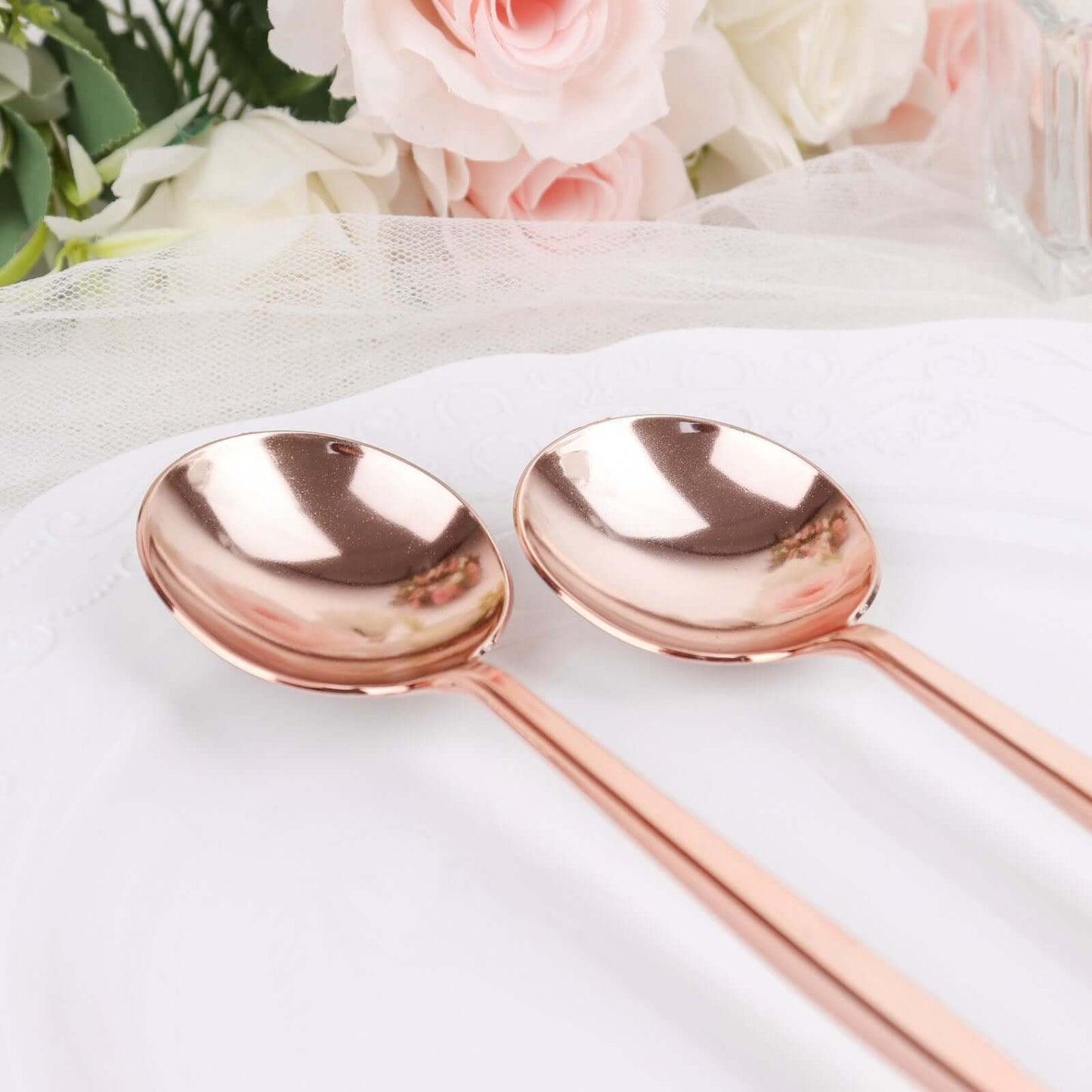 24-Pack Plastic Spoons Glossy Rose Gold - Premium Heavy Duty Disposable Silverware 8"
