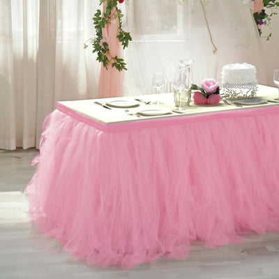 Tulle 21ft Table Skirt Pink/Rose Quartz - 4 Layer Pleated Tutu Table Cover