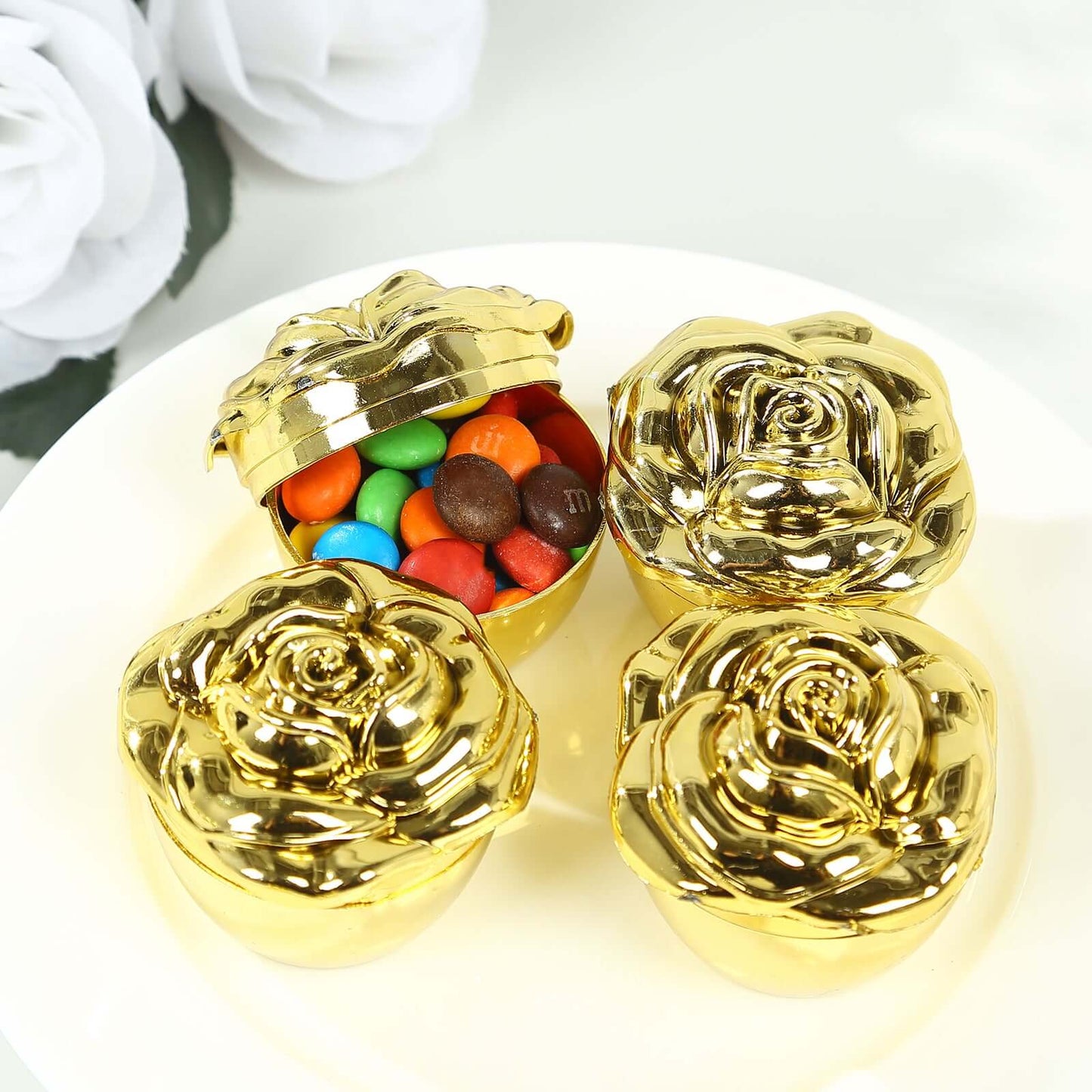20-Pack Plastic Fillable Mini Candy Container in Vintage Rose Style Gold with Lids - Stylish Candy Treat Favor Boxes 2"