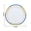 10-Pack Plastic 10" Round Dinner Plates in White with Royal Blue Rim - Stylish Gold Vine Design Disposable Party Plates for Special Occasions & Celebrations