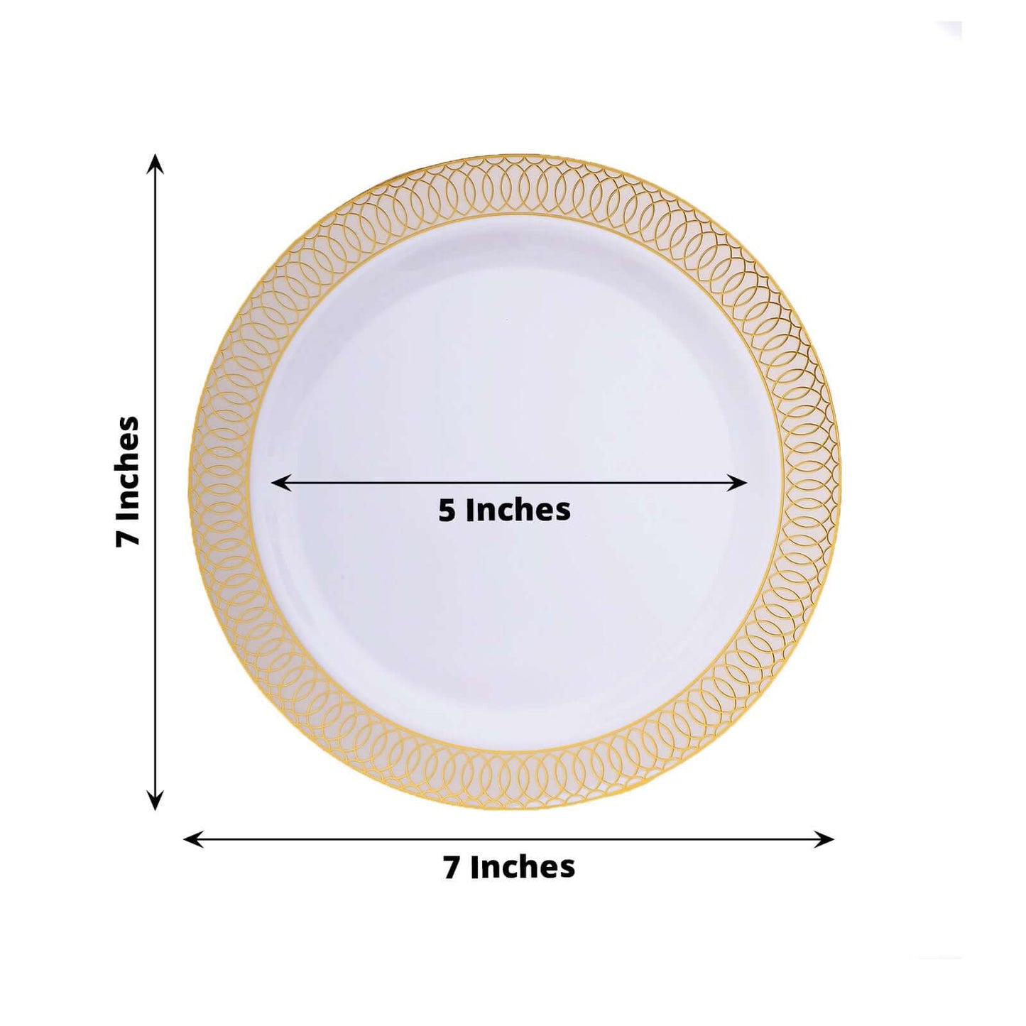 10-Pack Plastic Round Dessert Plates 7" White with Beige Gold Spiral Rim - Disposable Salad Plates