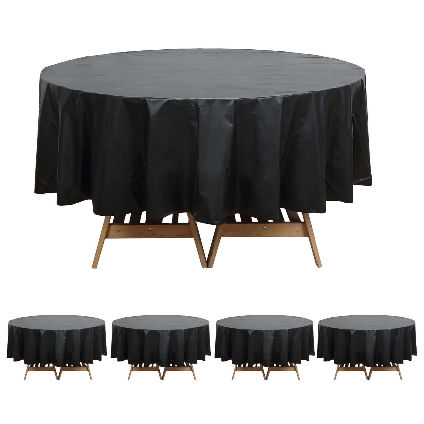 5-Pack Plastic Table Covers Black Round - Durable PVC Disposable Tablecloths for Events 84"