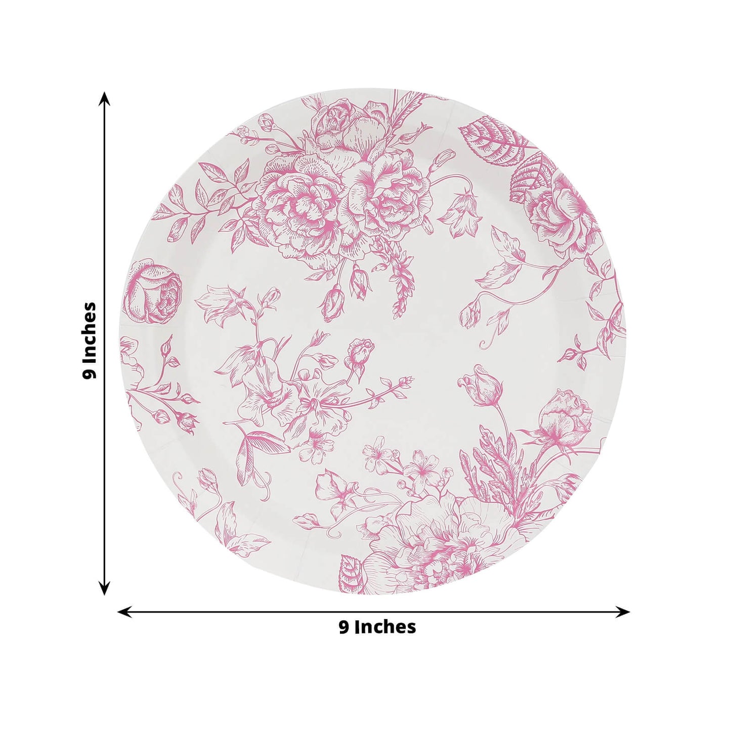 25-Pack Paper 9" Round Dinner Plates in White with Matte Pink French Toile Pattern - Disposable Floral Party Plates