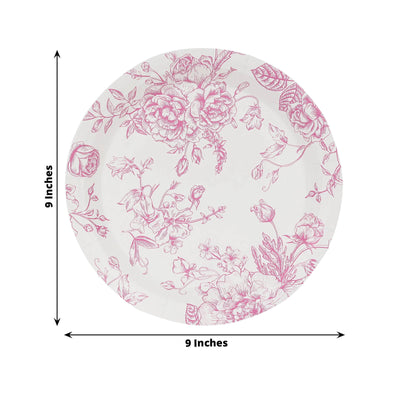 25-Pack Paper 9" Round Dinner Plates in White with Matte Pink French Toile Pattern - Disposable Floral Party Plates