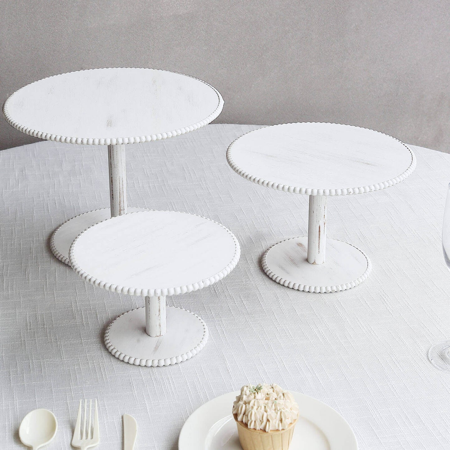 Set of 3 Wooden Pedestal Cake Stands Whitewash with Round Beaded Rim Trays - Stackable Rustic Cupcake Display 8", 10", 12"