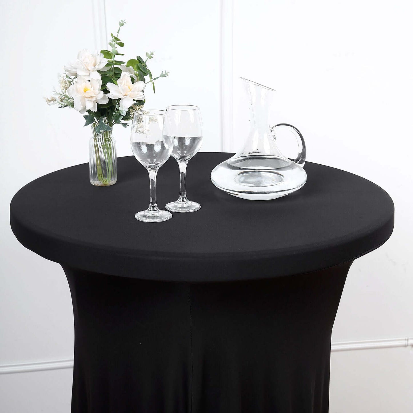 Spandex 30" Round Cocktail Table Cover Skirt Black With Natural Wavy Drapes