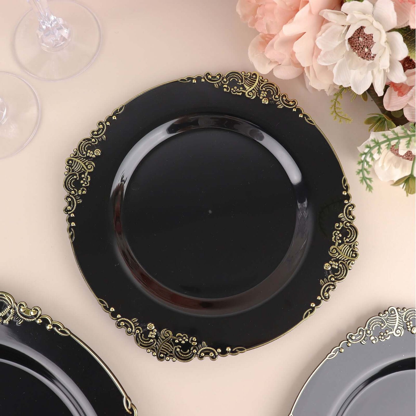 10-Pack Plastic 8" Round Dessert Plates in Black with Gold Leaf Embossed Rim - Disposable Vintage Baroque Style Salad Plates